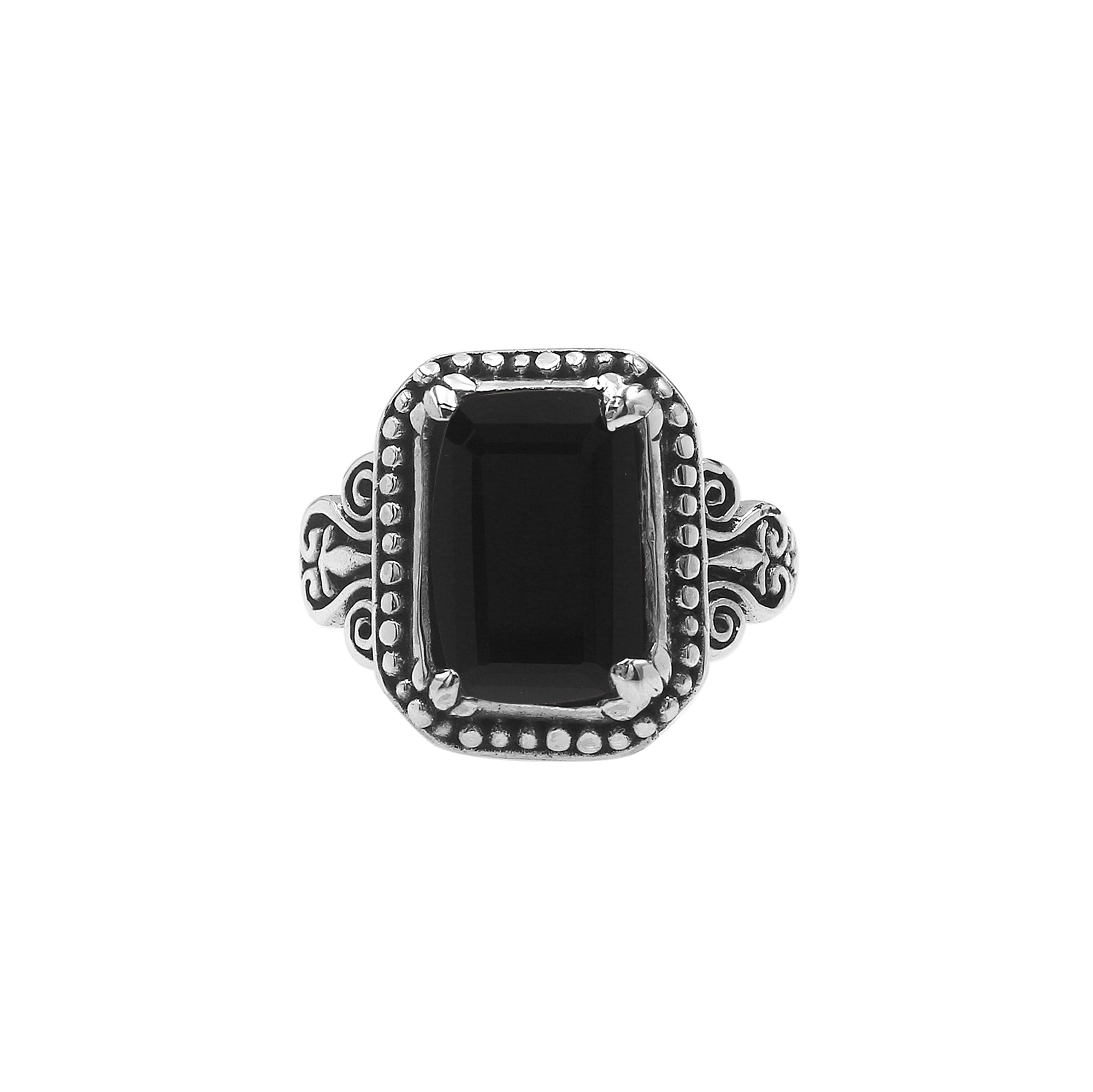 Sterling Silver Balinese Handcrafted Ring With Rectangular Black Onyx Quartz And Designer Detailing