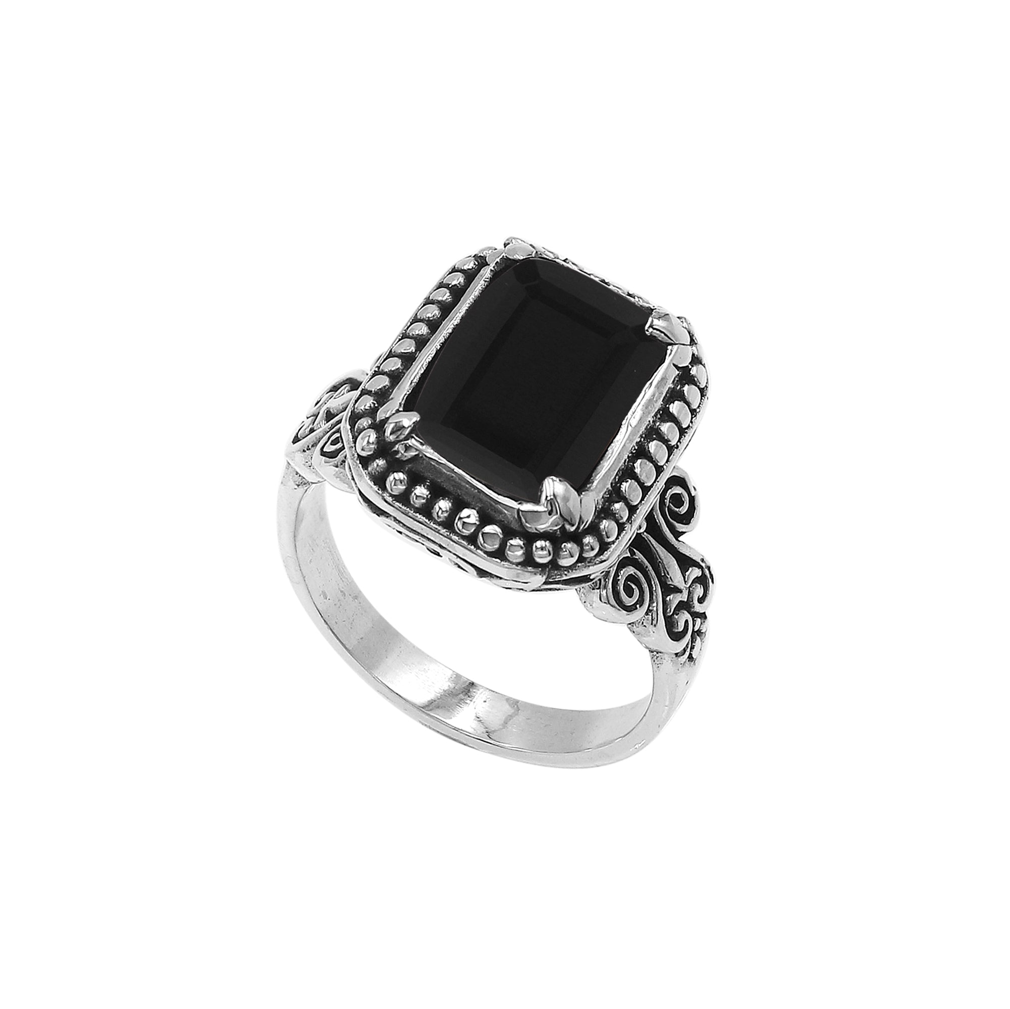 Sterling Silver Balinese Handcrafted Ring With Rectangular Black Onyx Quartz And Designer Detailing