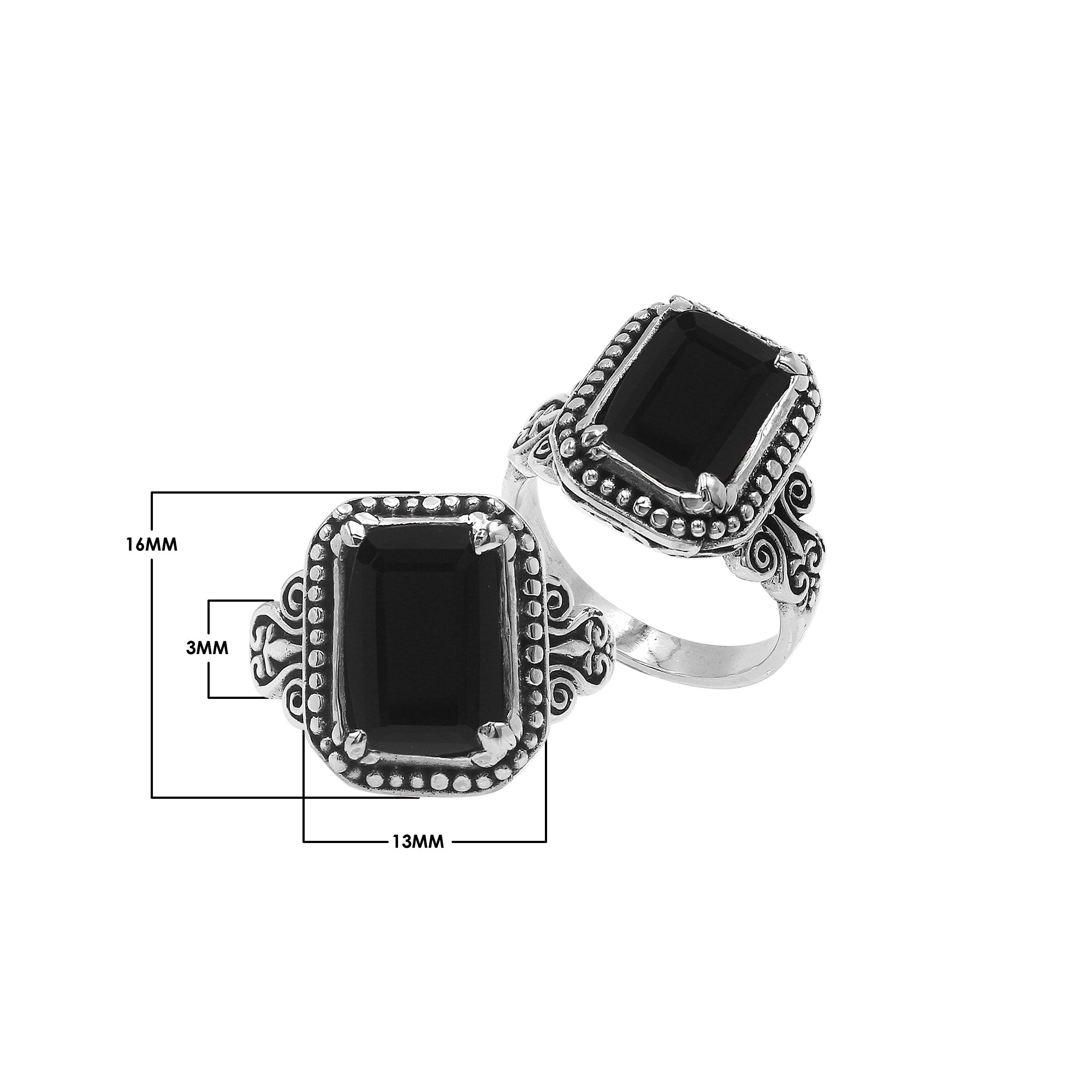 Sterling Silver Balinese Handcrafted Ring With Rectangular Black Onyx Quartz And Designer Detailing