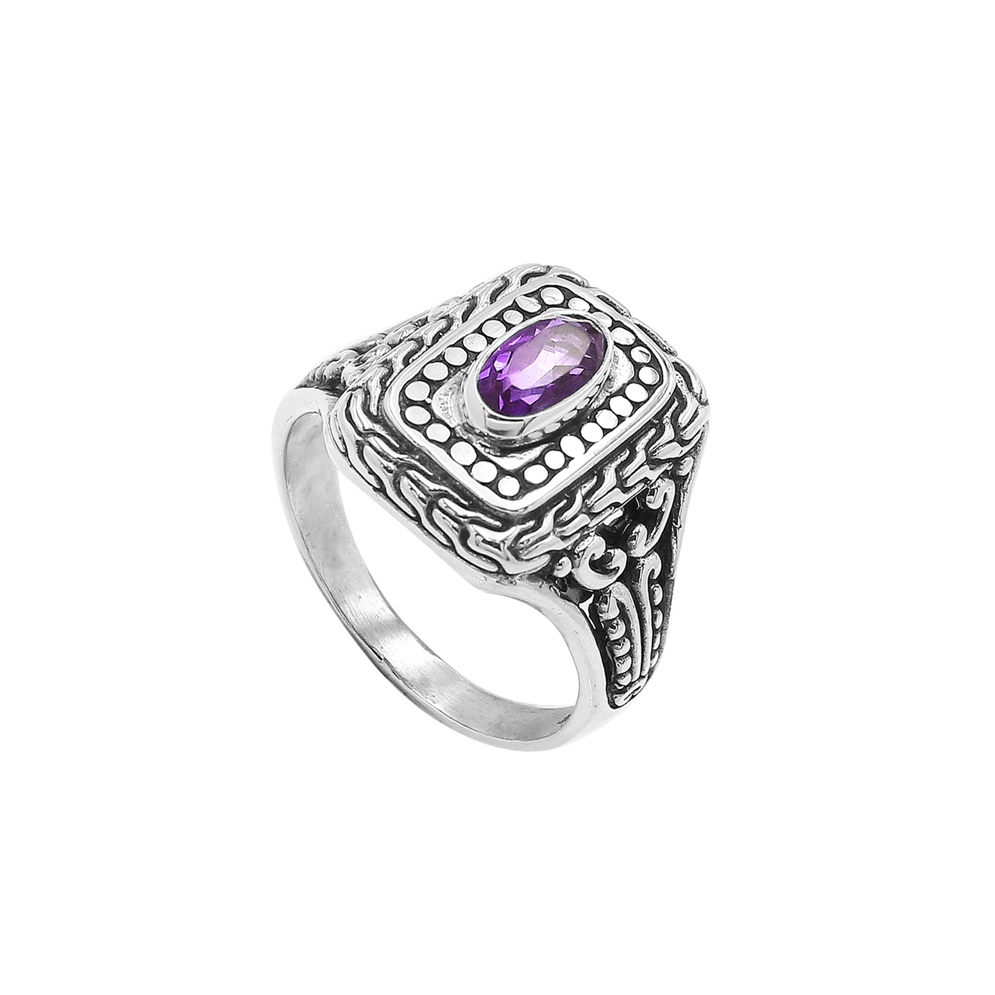 Sterling Silver Balinese Handcrafted Ring With Amethyst Quartz In Rectangular Designer Setting