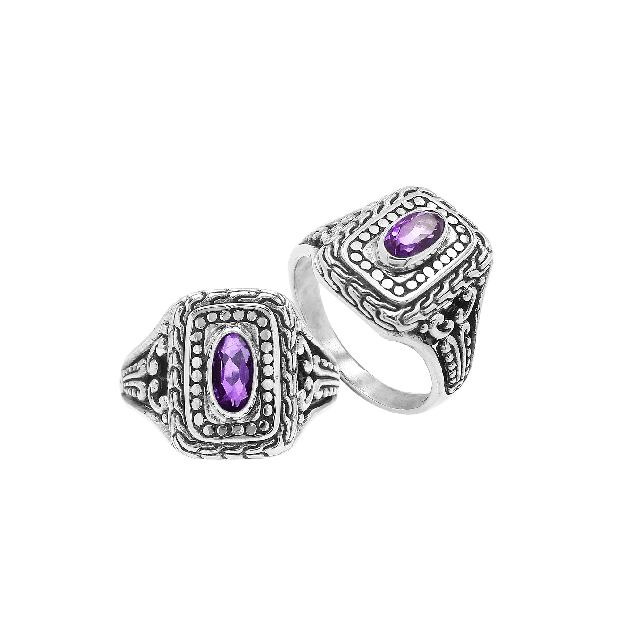 Sterling Silver Balinese Handcrafted Ring With Amethyst Quartz In Rectangular Designer Setting