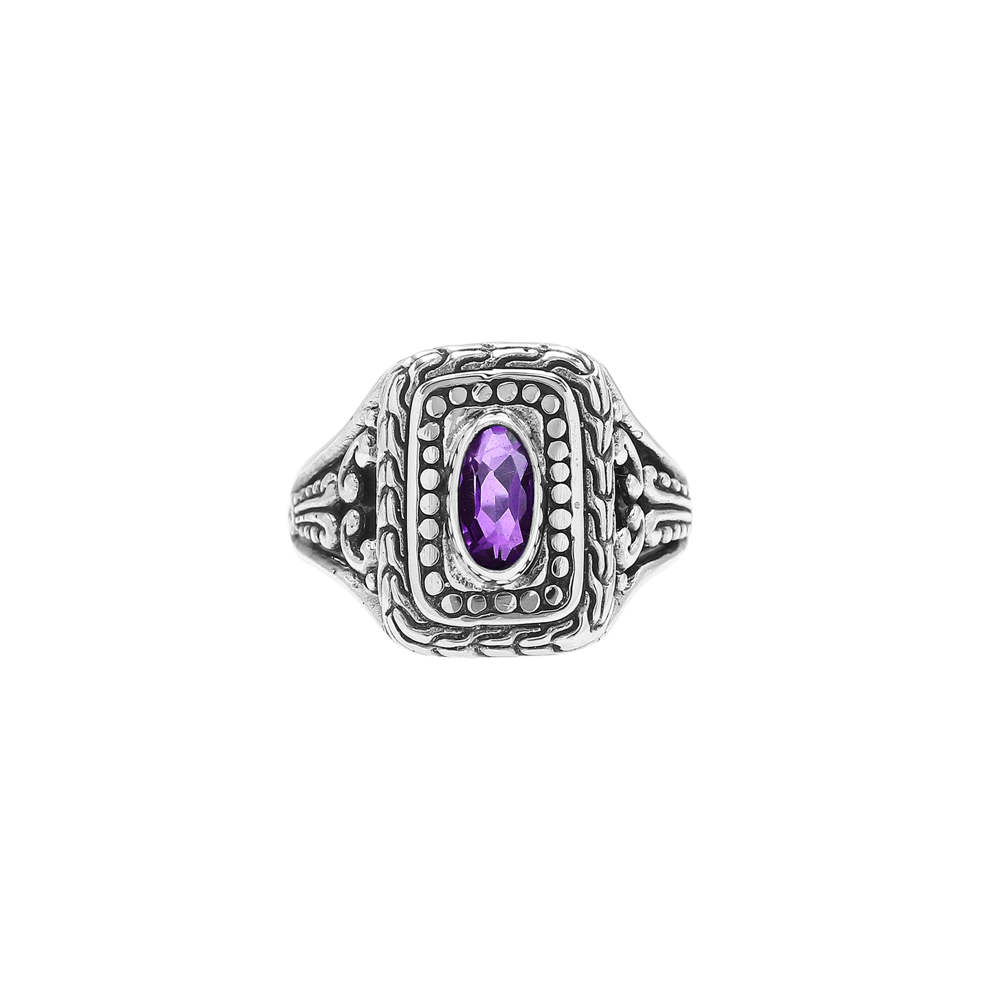 Sterling Silver Balinese Handcrafted Ring With Amethyst Quartz In Rectangular Designer Setting