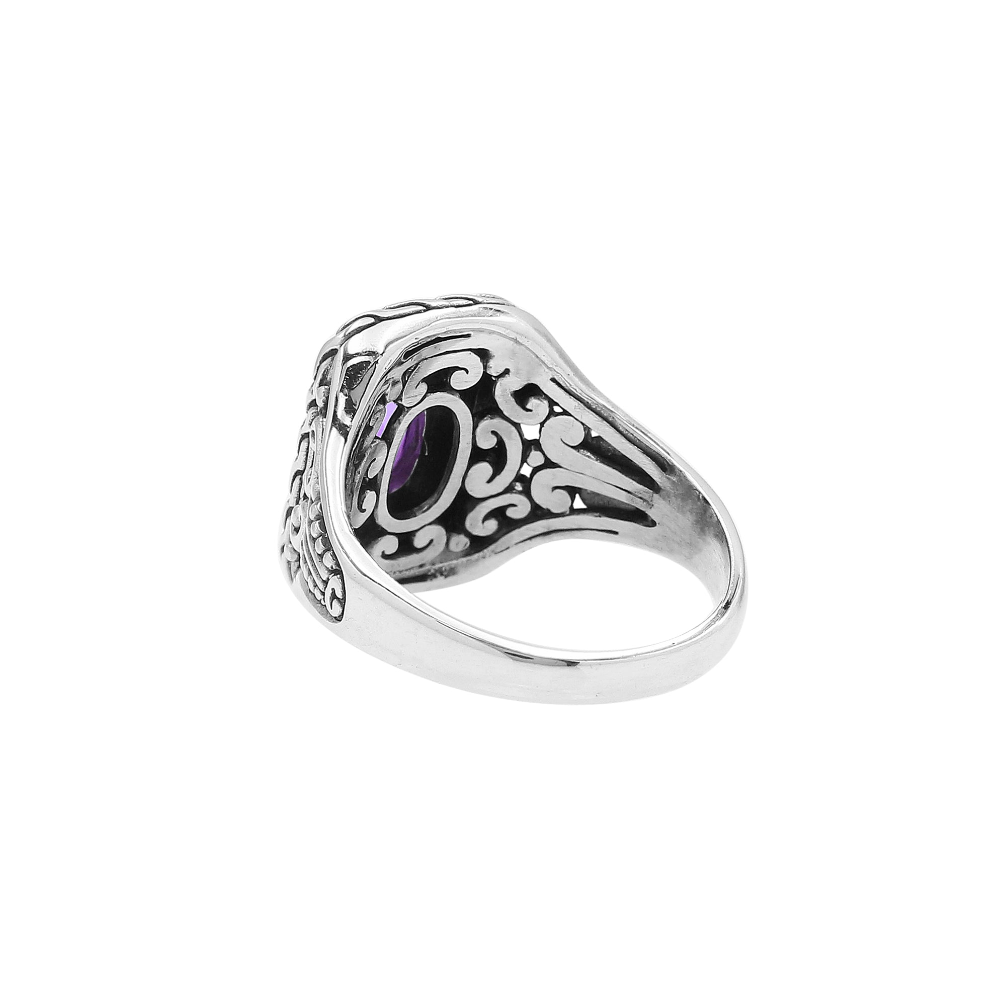 Sterling Silver Balinese Handcrafted Ring With Amethyst Quartz In Rectangular Designer Setting