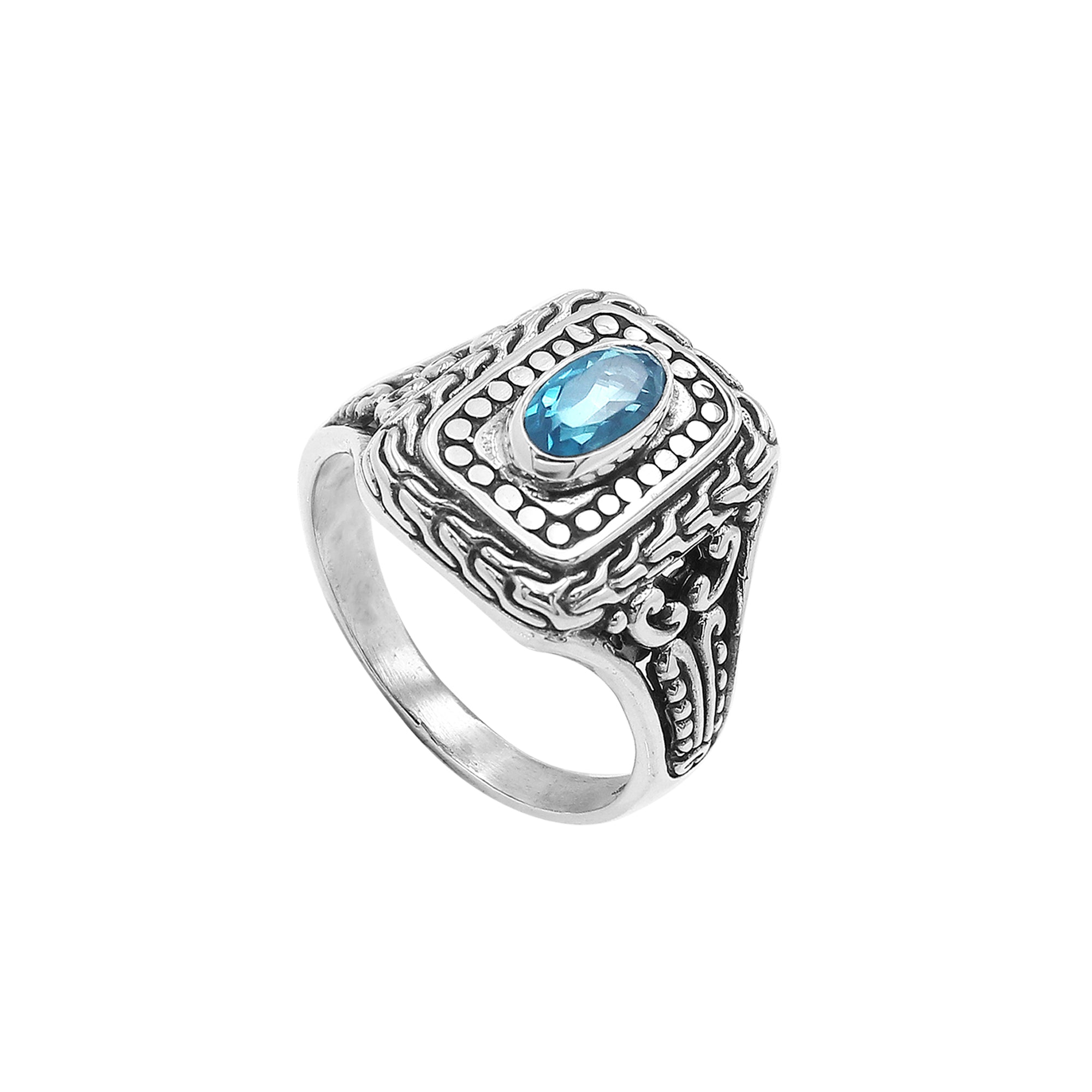 Sterling Silver Balinese Handcrafted Ring With Blue Topaz Quartz In Rectangular Designer Setting