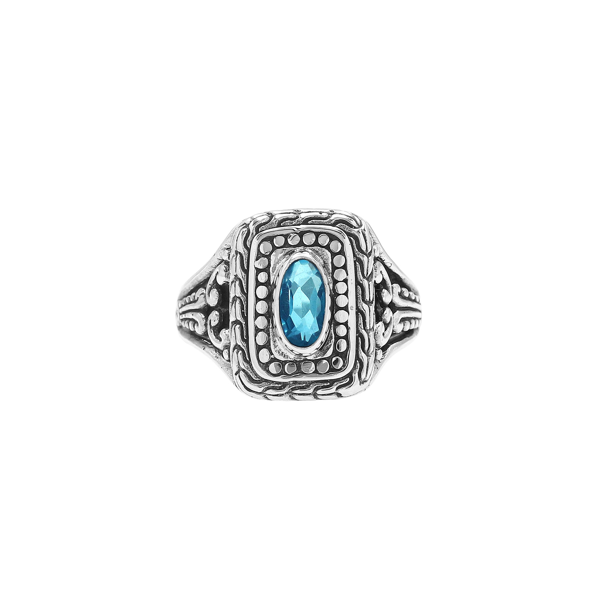 Sterling Silver Balinese Handcrafted Ring With Blue Topaz Quartz In Rectangular Designer Setting