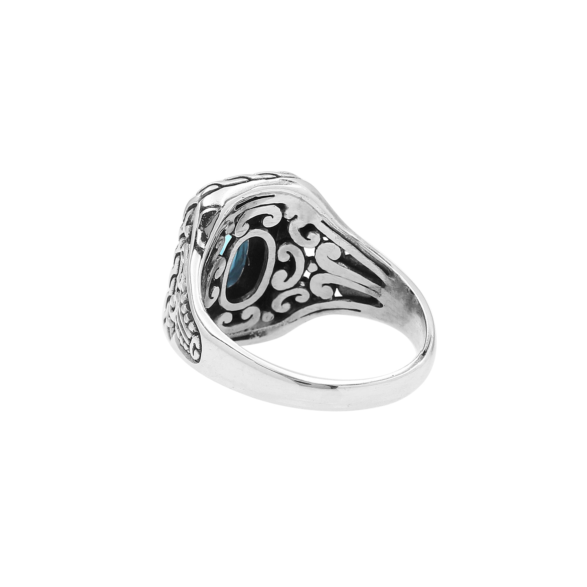 Sterling Silver Balinese Handcrafted Ring With Blue Topaz Quartz In Rectangular Designer Setting