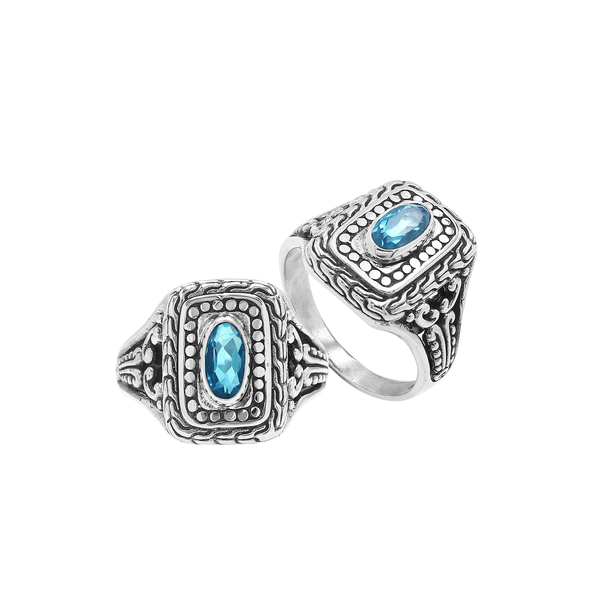 Sterling Silver Balinese Handcrafted Ring With Blue Topaz Quartz In Rectangular Designer Setting
