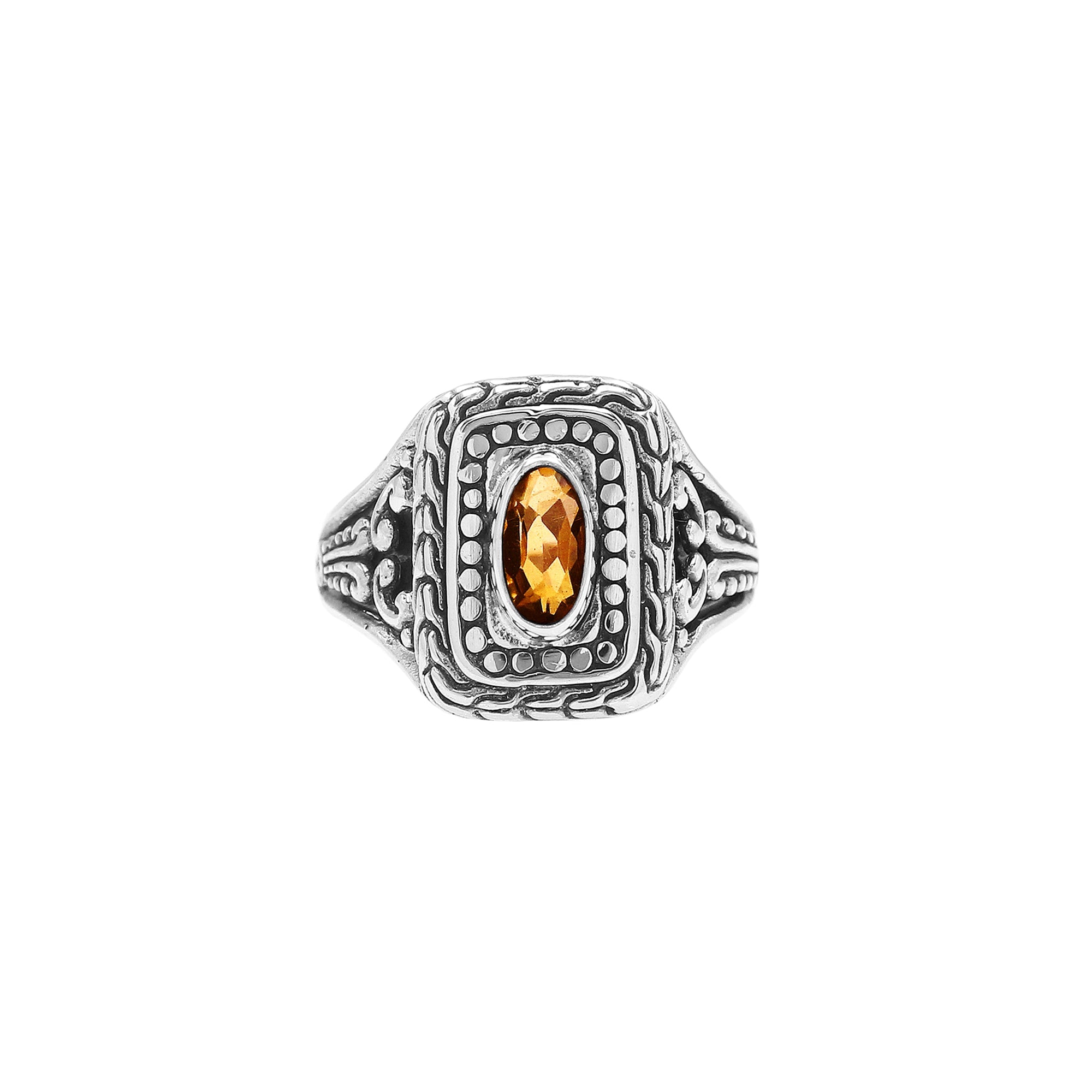 Sterling Silver Balinese Handcrafted Ring With Citrine Quartz In Rectangular Designer Setting