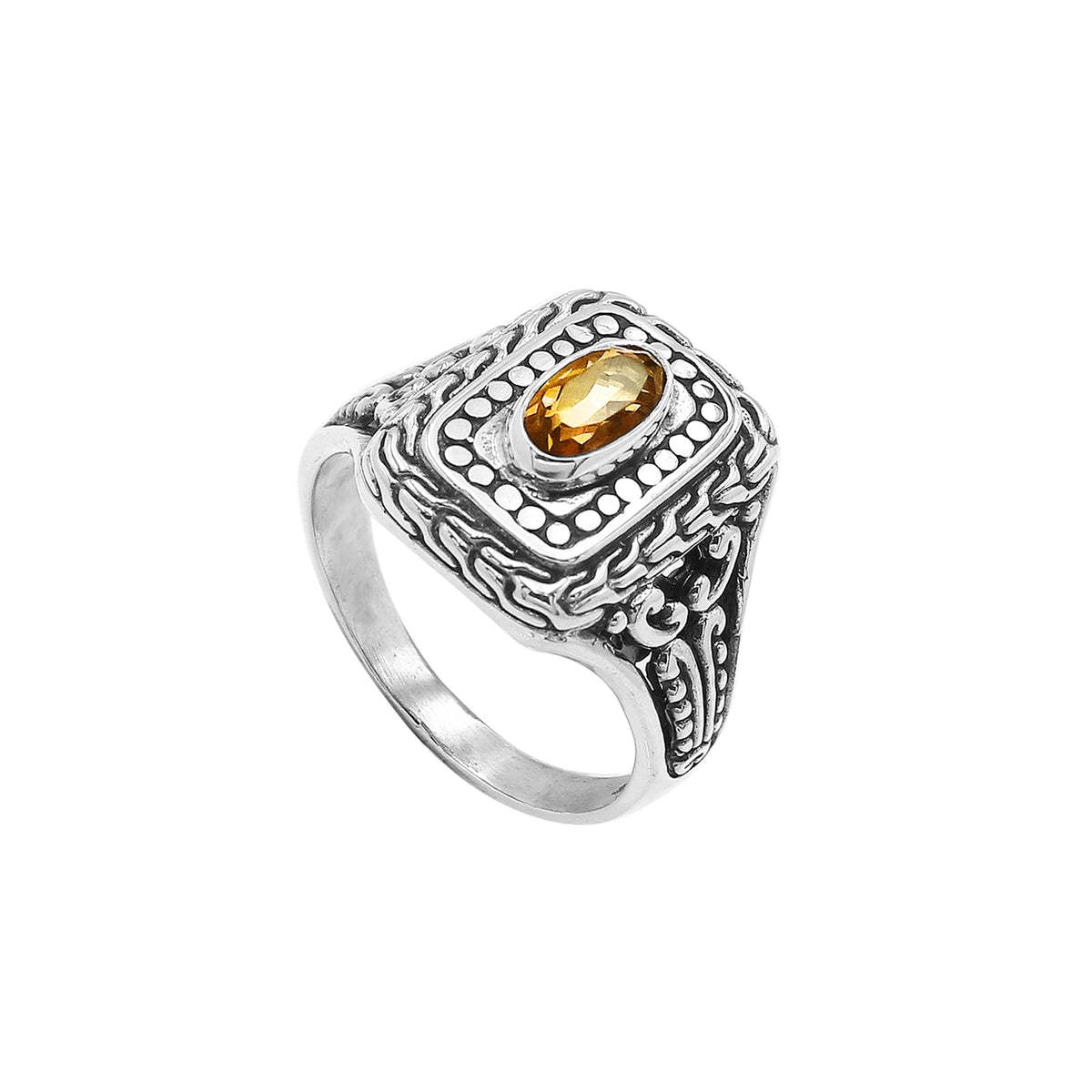 Sterling Silver Balinese Handcrafted Ring With Citrine Quartz In Rectangular Designer Setting
