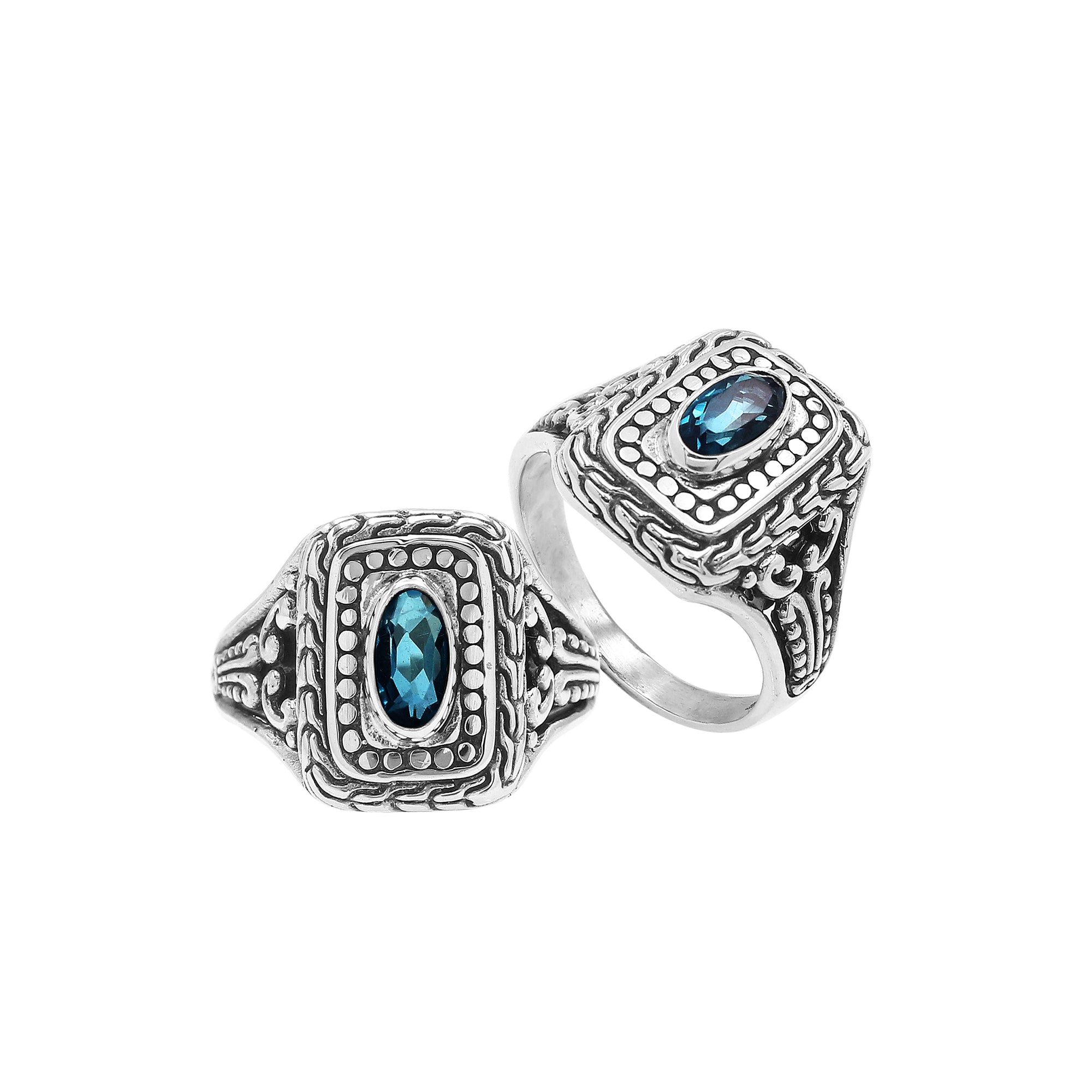 Sterling Silver Balinese Handcrafted Ring With London Blue Topaz Quartz In Rectangular Designer Setting