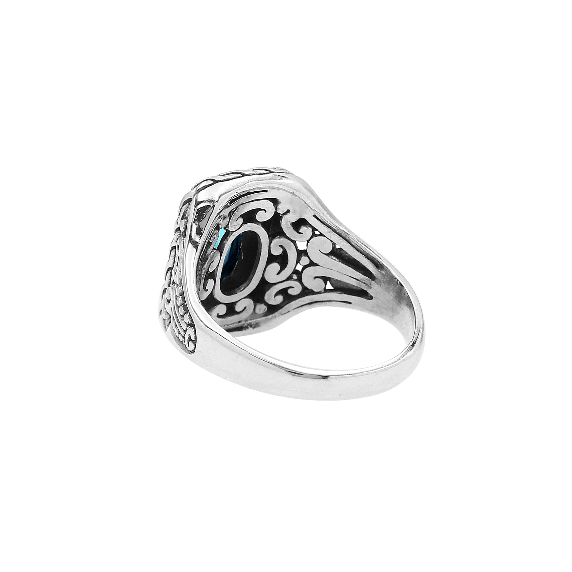 Sterling Silver Balinese Handcrafted Ring With London Blue Topaz Quartz In Rectangular Designer Setting
