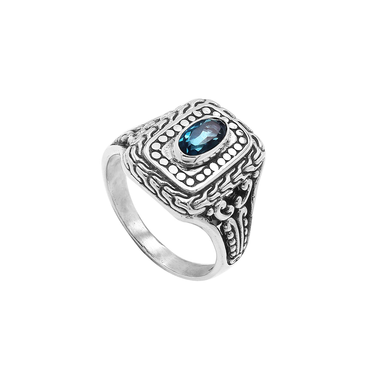 Sterling Silver Balinese Handcrafted Ring With London Blue Topaz Quartz In Rectangular Designer Setting