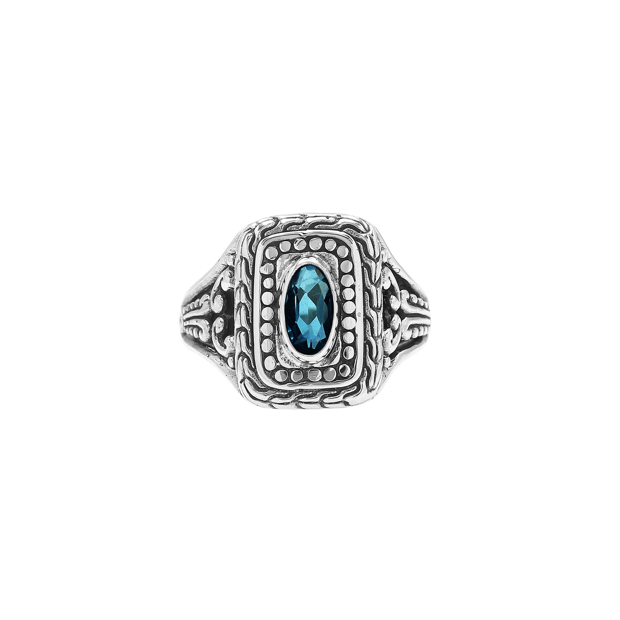 Sterling Silver Balinese Handcrafted Ring With London Blue Topaz Quartz In Rectangular Designer Setting