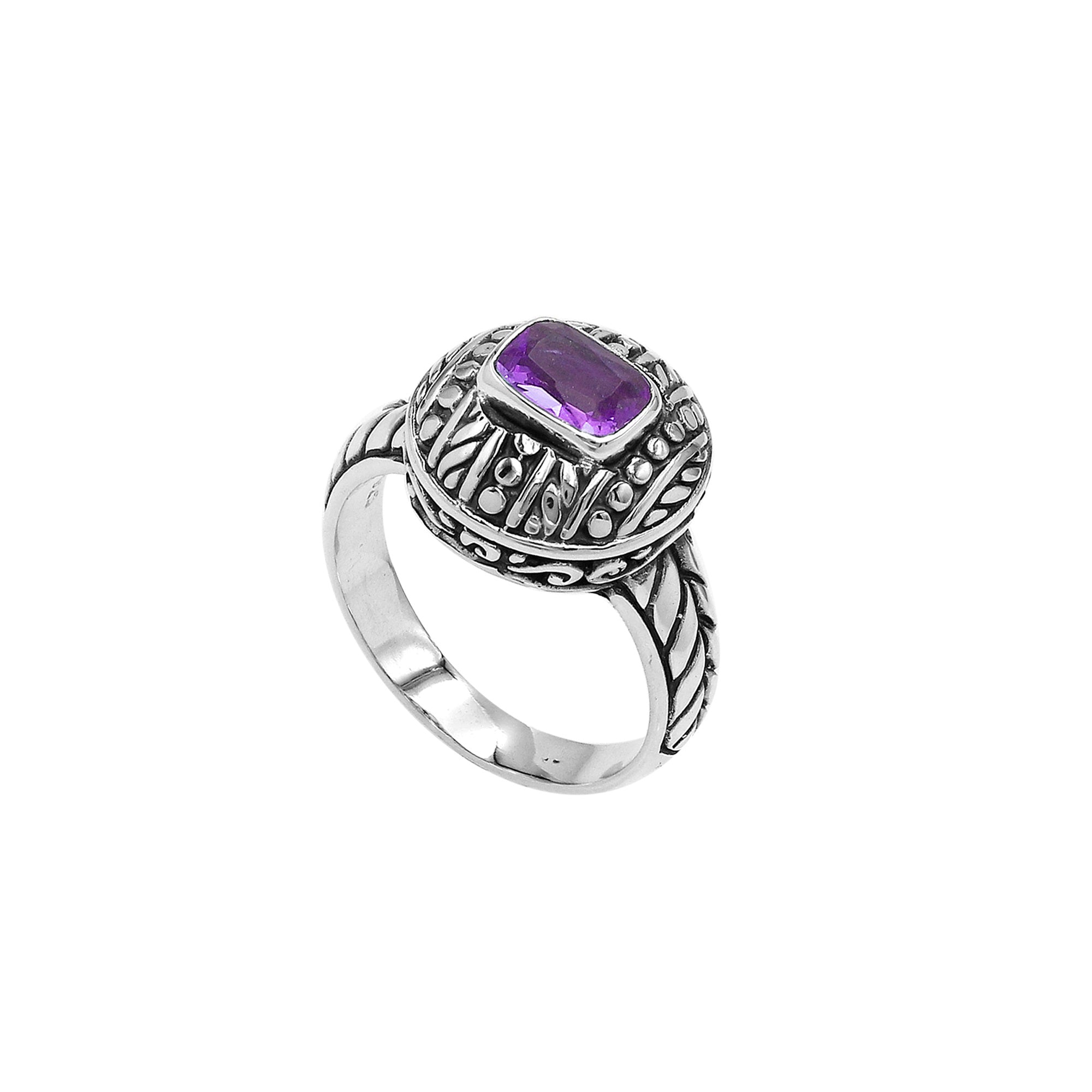 Sterling Silver Balinese Handcrafted Ring With Amethyst Quartz In Round Designer Setting