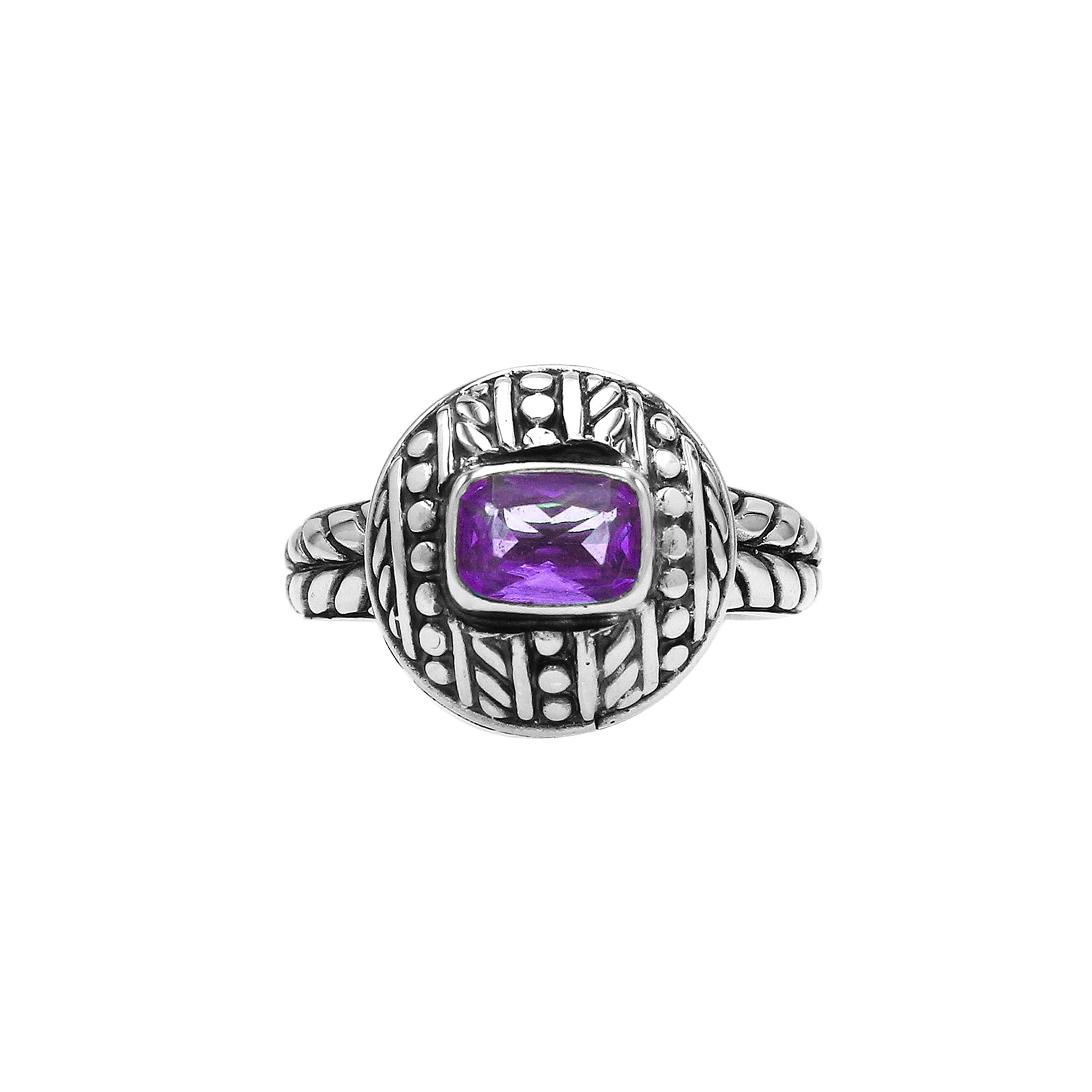 Sterling Silver Balinese Handcrafted Ring With Amethyst Quartz In Round Designer Setting