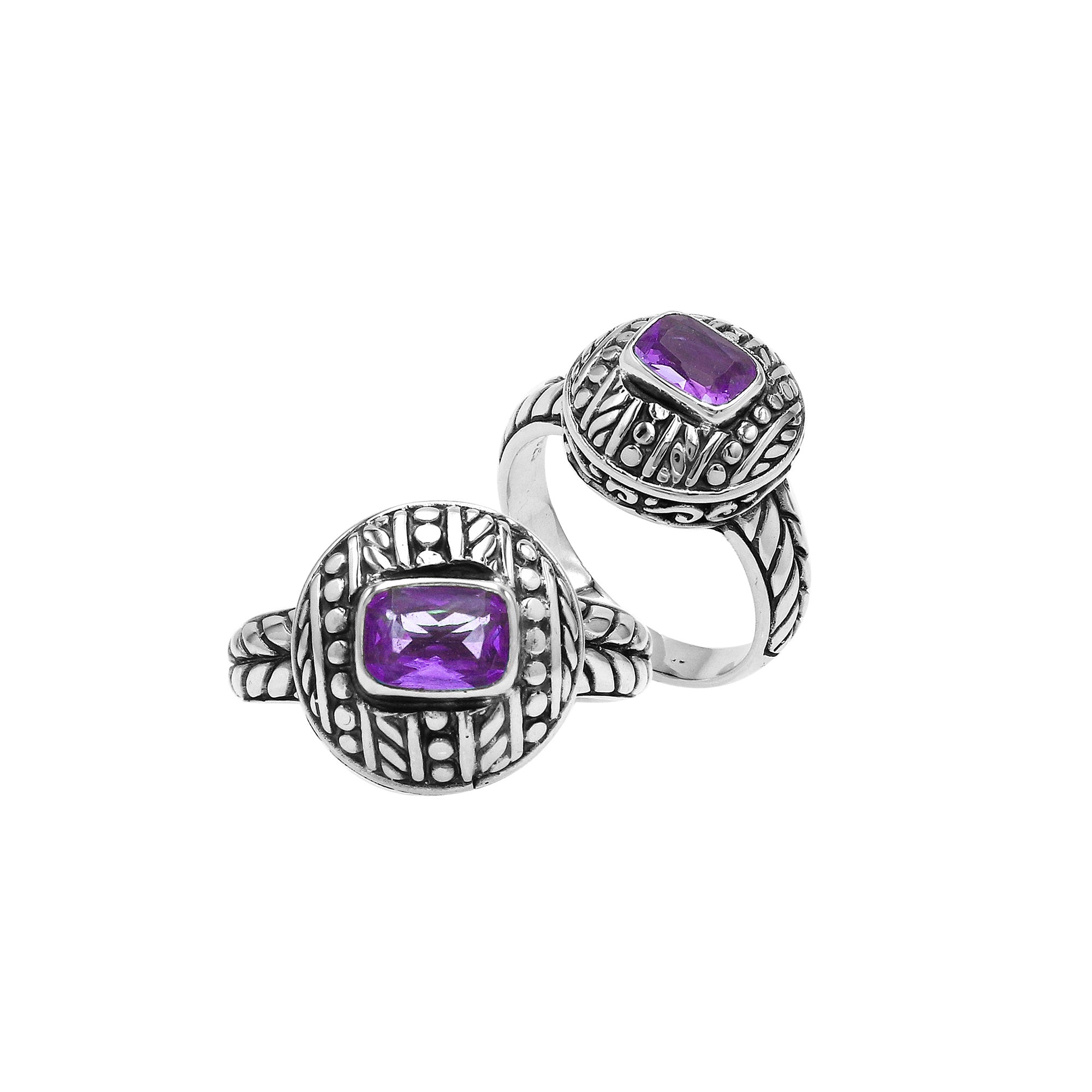 Sterling Silver Balinese Handcrafted Ring With Amethyst Quartz In Round Designer Setting