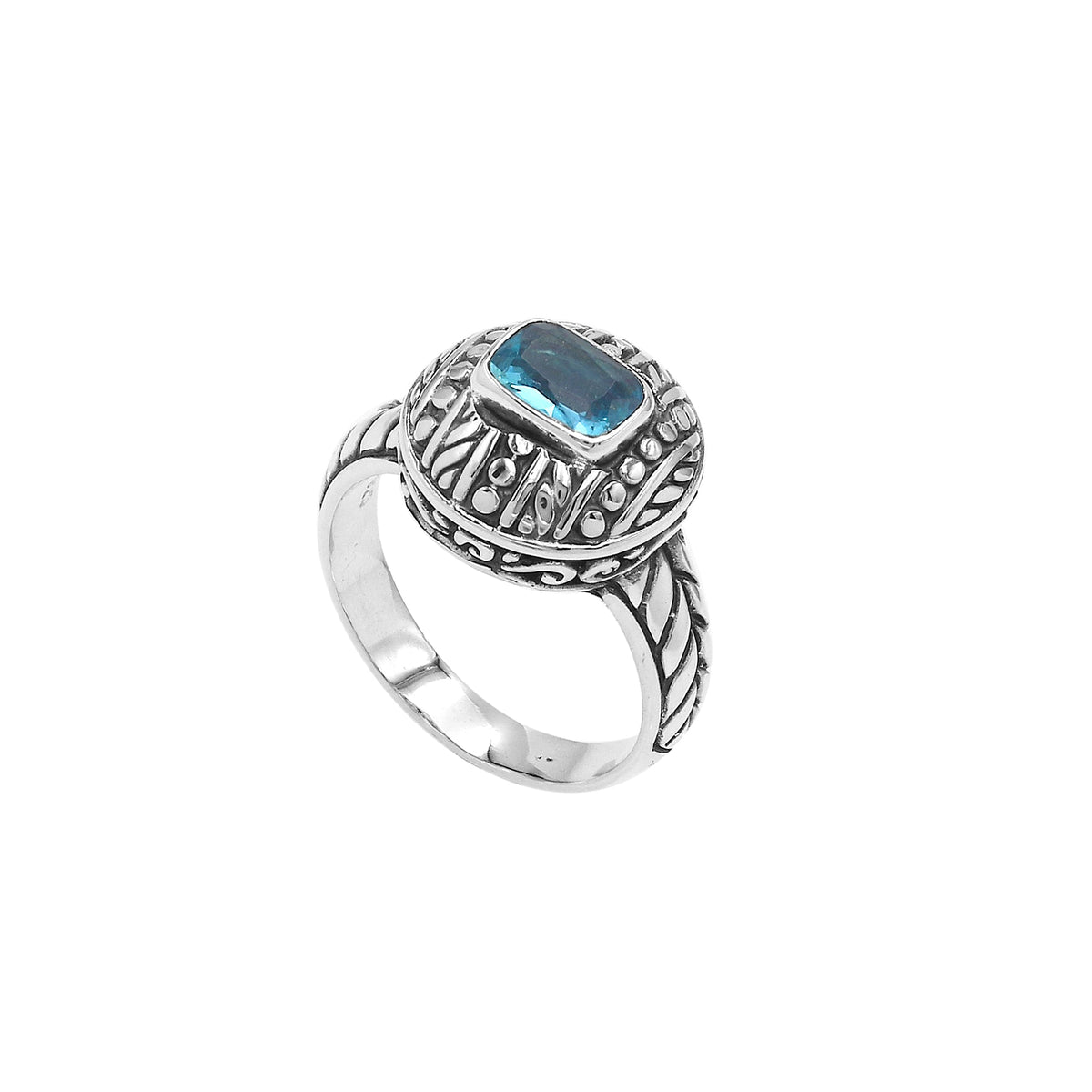 Sterling Silver Balinese Artisan Ring With Blue Topaz Quartz For Women