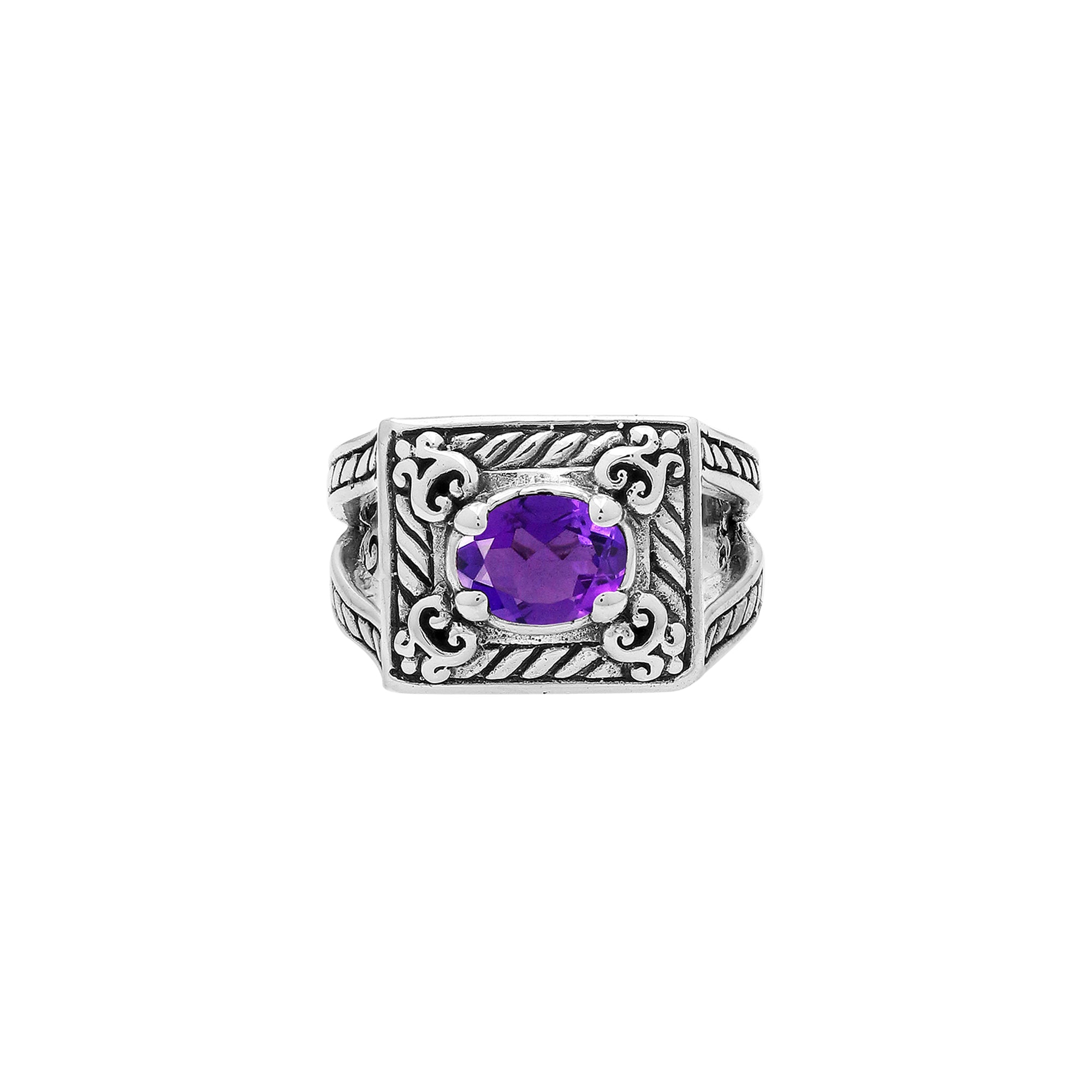 Elegant Sterling Silver Rectangular Amethyst Quartz Ring With Balinese Design