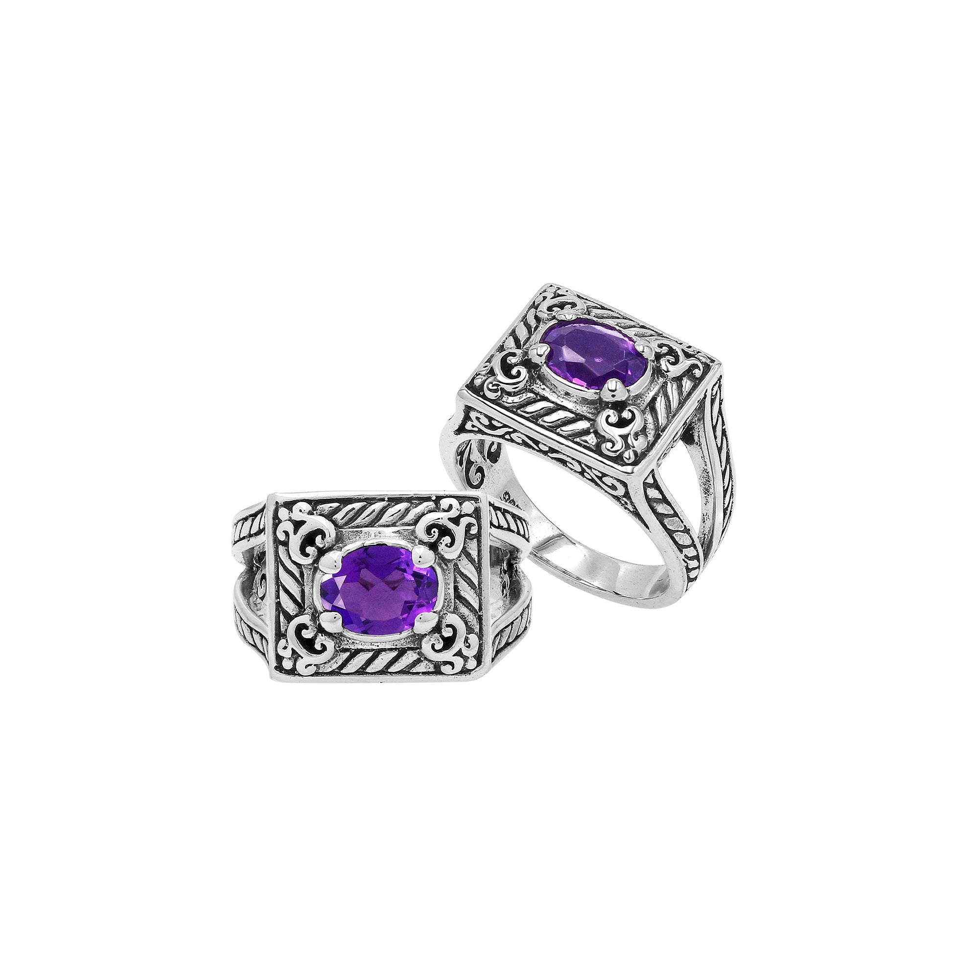 Elegant Sterling Silver Rectangular Amethyst Quartz Ring With Balinese Design
