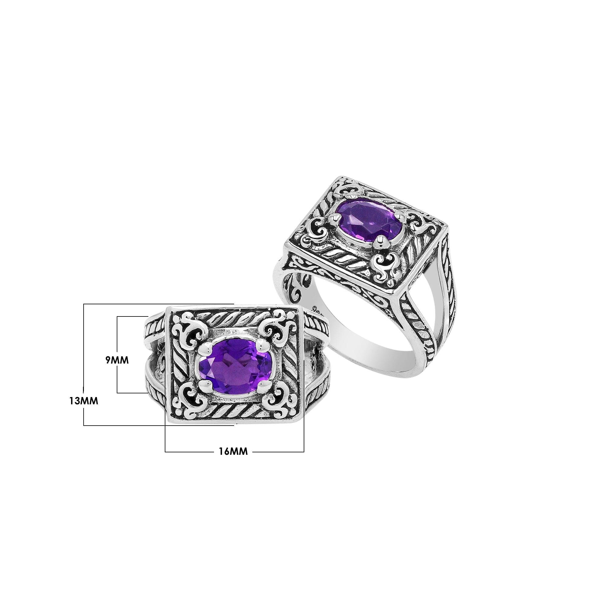 Elegant Sterling Silver Rectangular Amethyst Quartz Ring With Balinese Design
