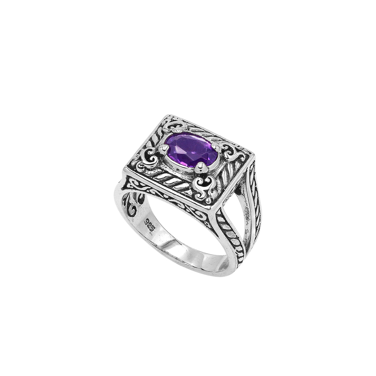 Elegant Sterling Silver Rectangular Amethyst Quartz Ring With Balinese Design