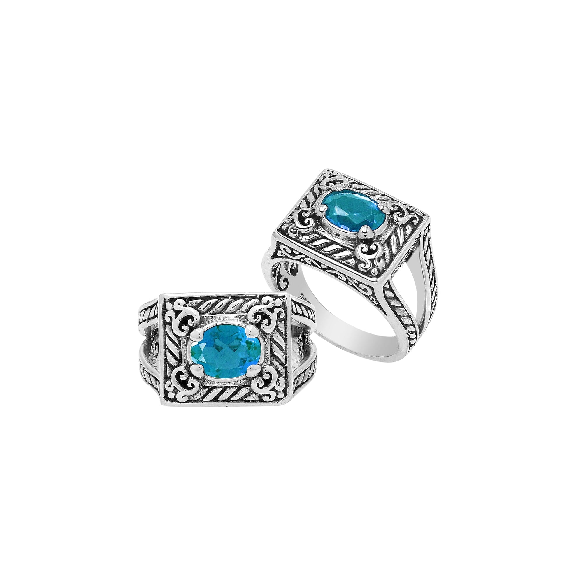 Elegant Sterling Silver Rectangular Blue Topaz Quartz Ring With Balinese Design