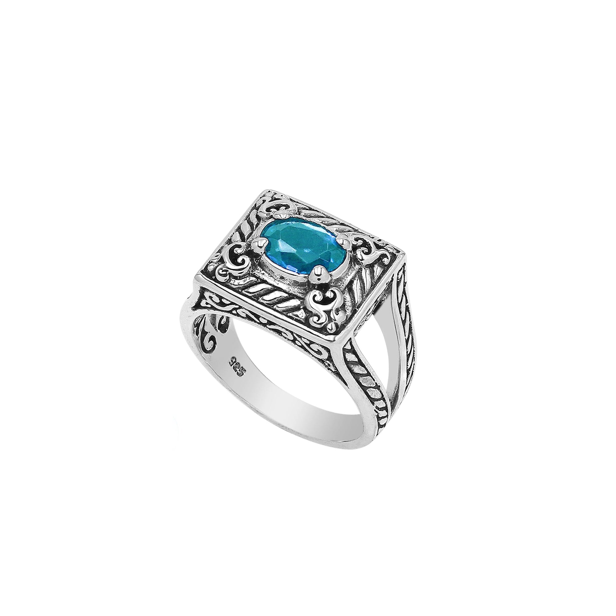 Elegant Sterling Silver Rectangular Blue Topaz Quartz Ring With Balinese Design
