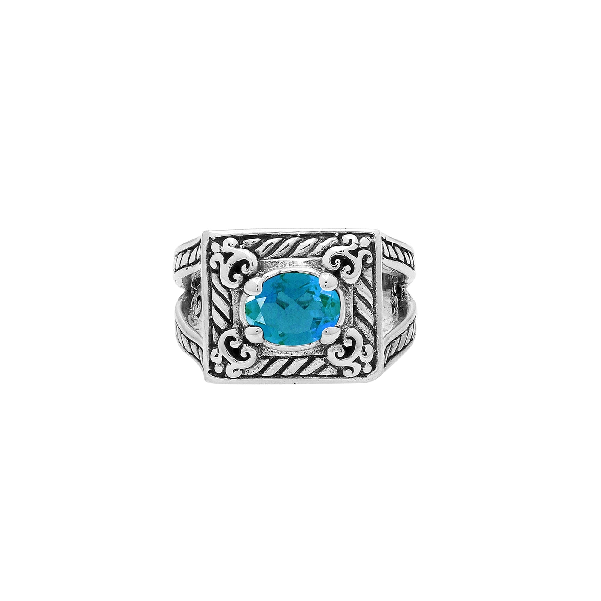 Elegant Sterling Silver Rectangular Blue Topaz Quartz Ring With Balinese Design