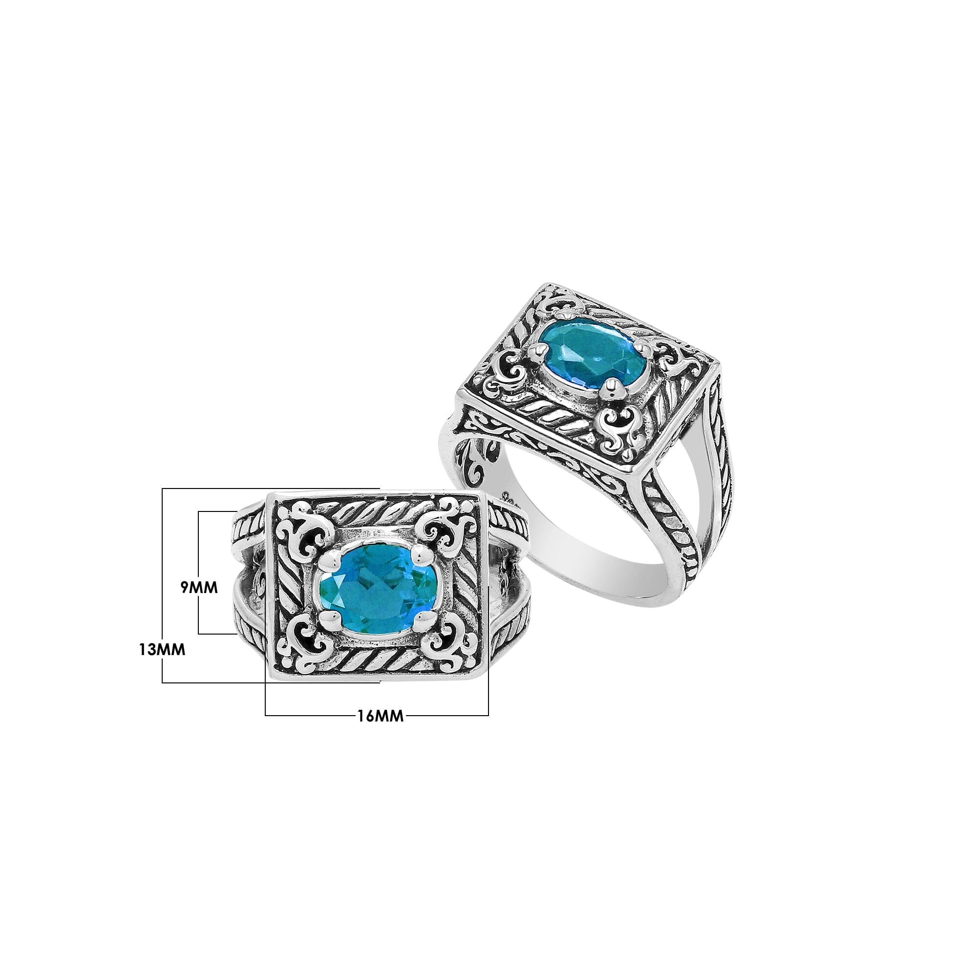 Elegant Sterling Silver Rectangular Blue Topaz Quartz Ring With Balinese Design