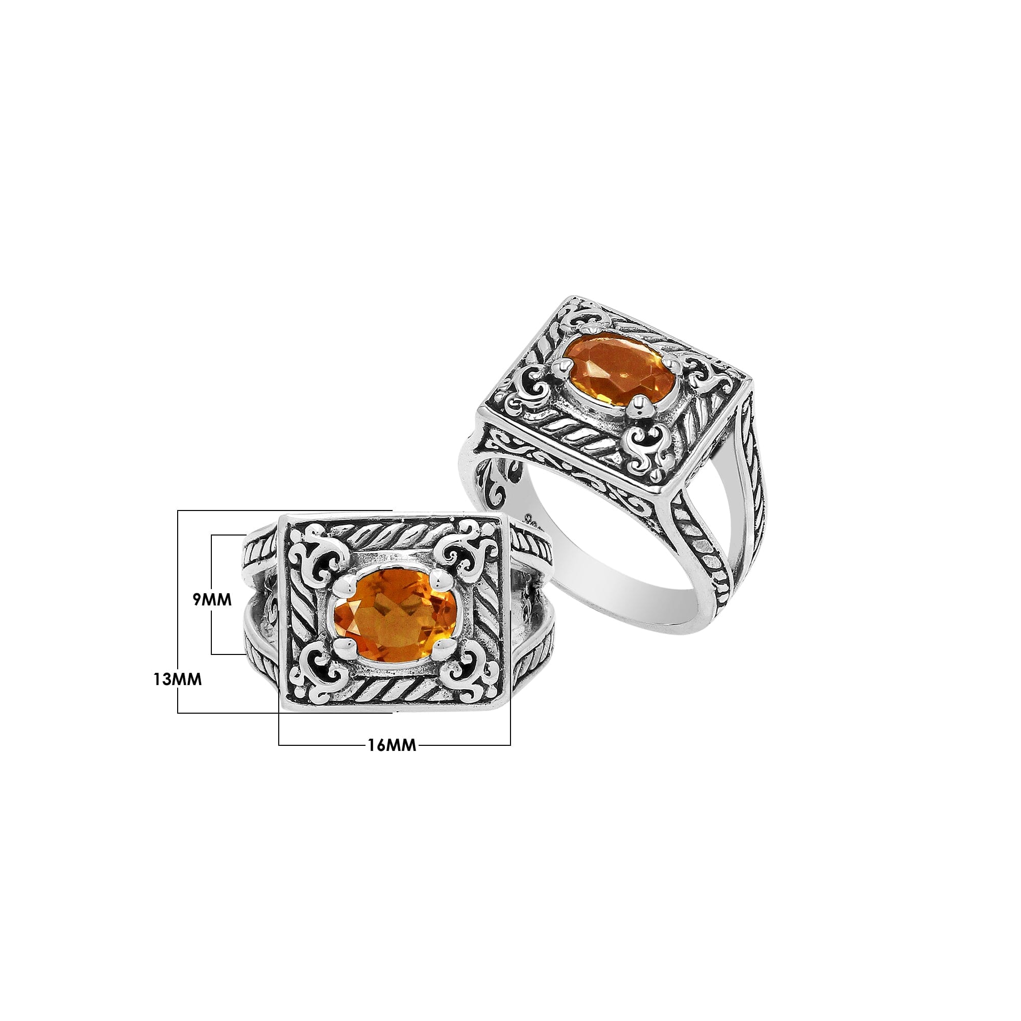 Elegant Sterling Silver Rectangular Citrine Quartz Ring With Balinese Design