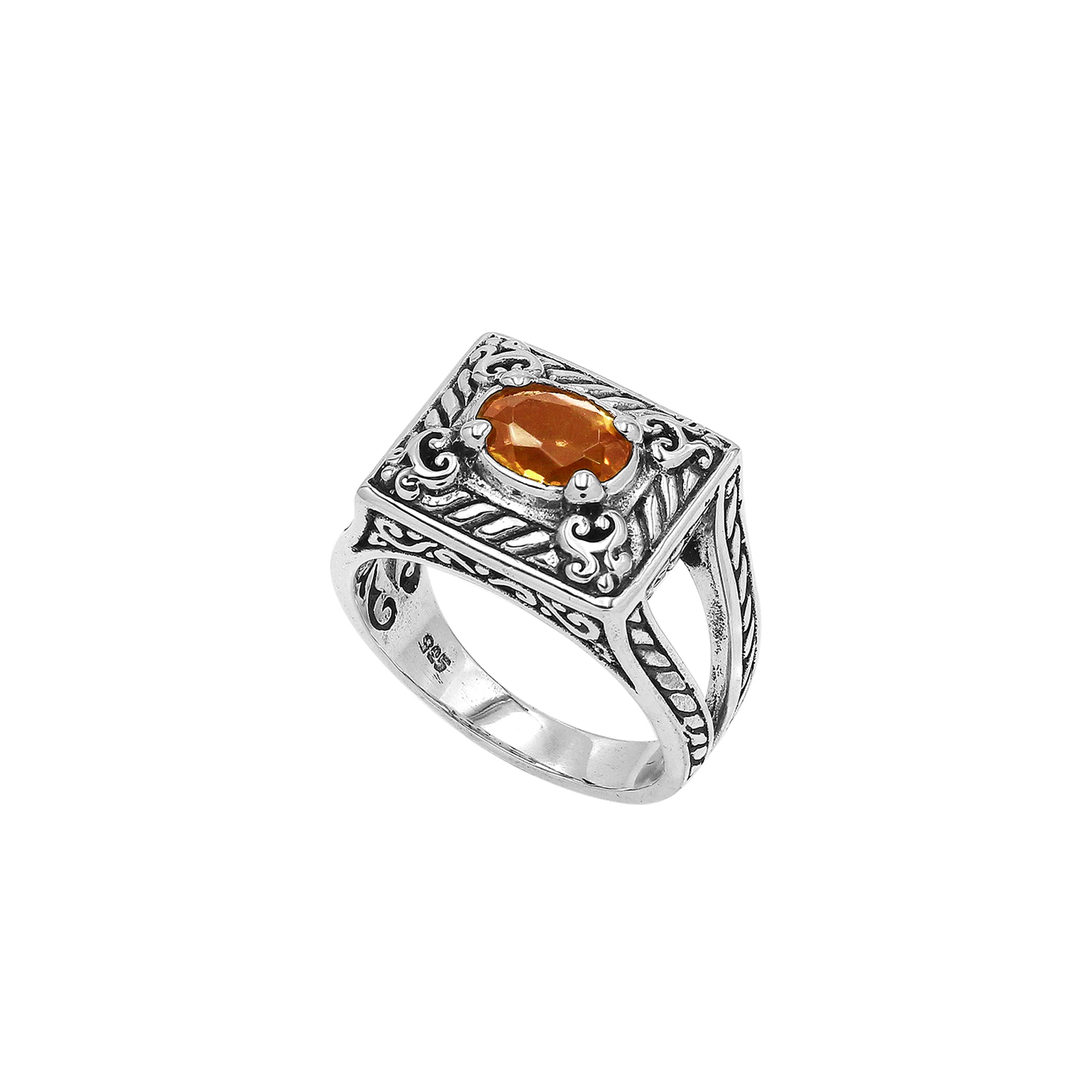 Elegant Sterling Silver Rectangular Citrine Quartz Ring With Balinese Design