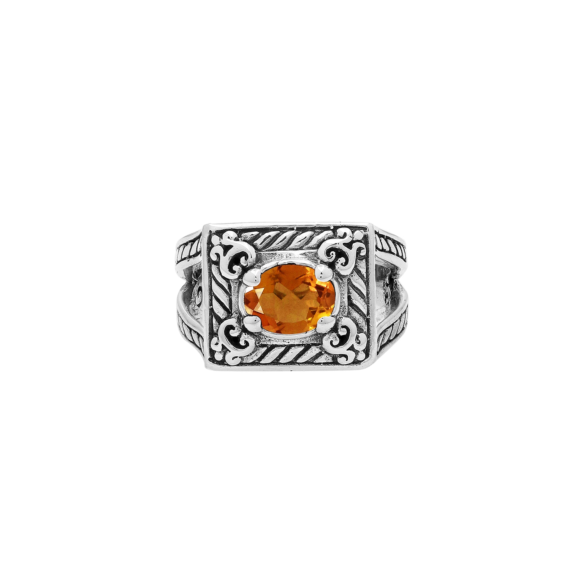 Elegant Sterling Silver Rectangular Citrine Quartz Ring With Balinese Design