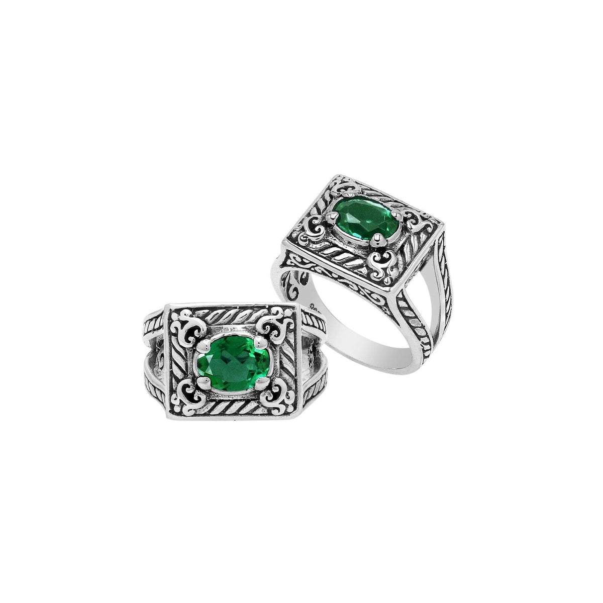 Elegant Sterling Silver Rectangular Green Quartz Ring With Balinese Design