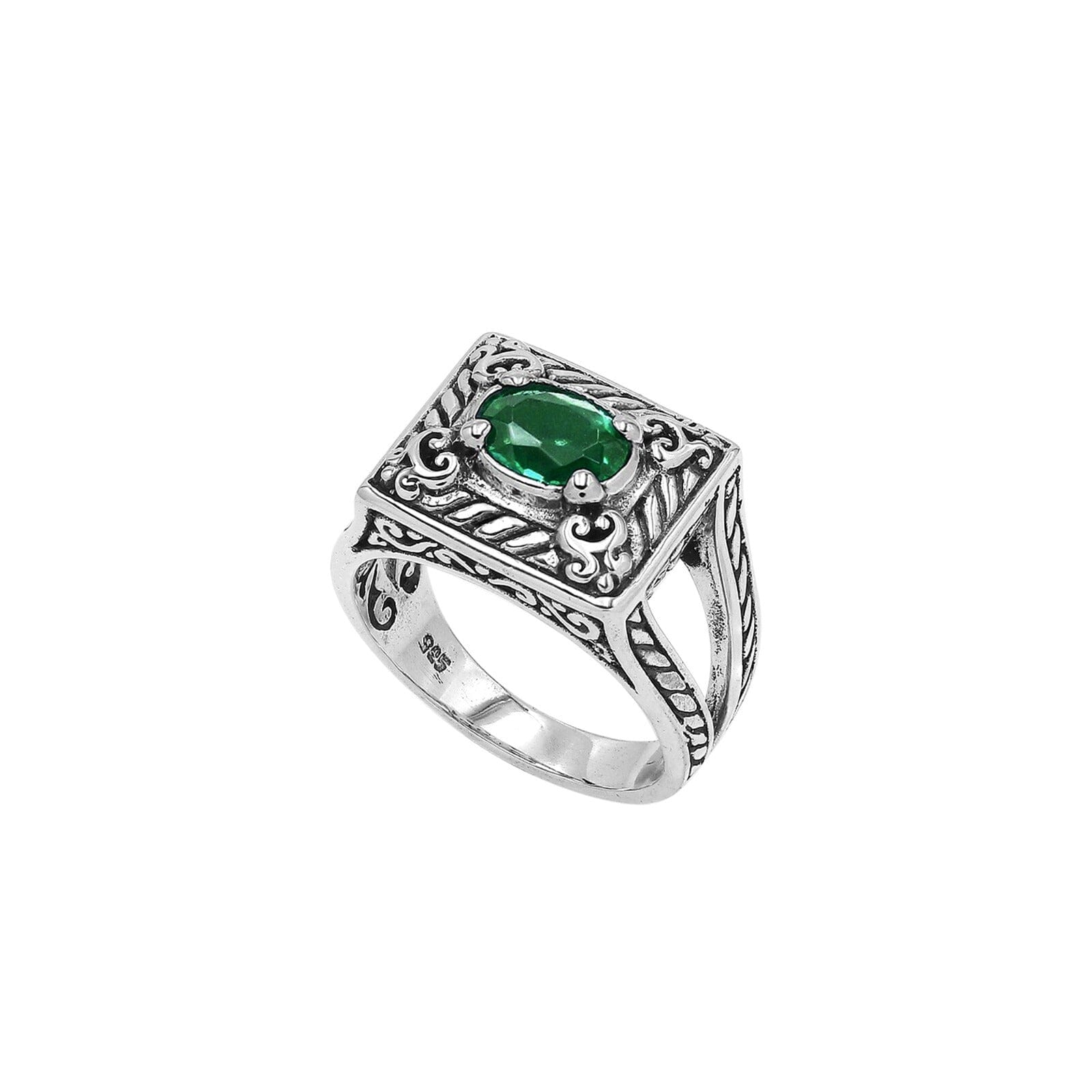 Elegant Sterling Silver Rectangular Green Quartz Ring With Balinese Design