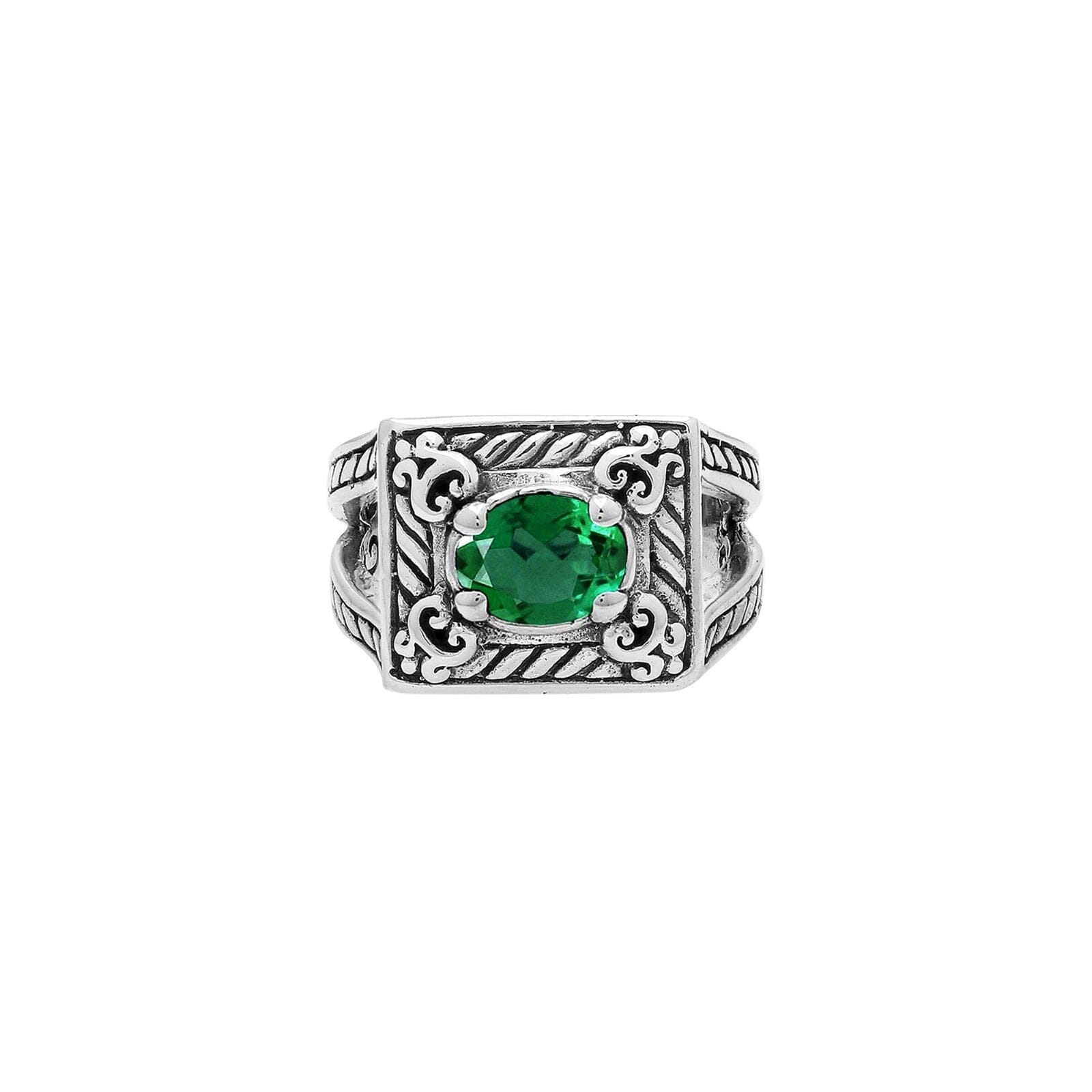Elegant Sterling Silver Rectangular Green Quartz Ring With Balinese Design