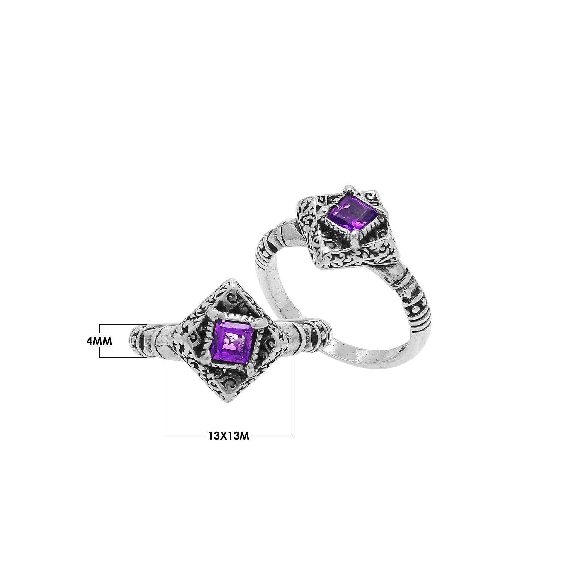 Elegant Sterling Silver Diamond Shape Amethyst Quartz Ring With Balinese Design