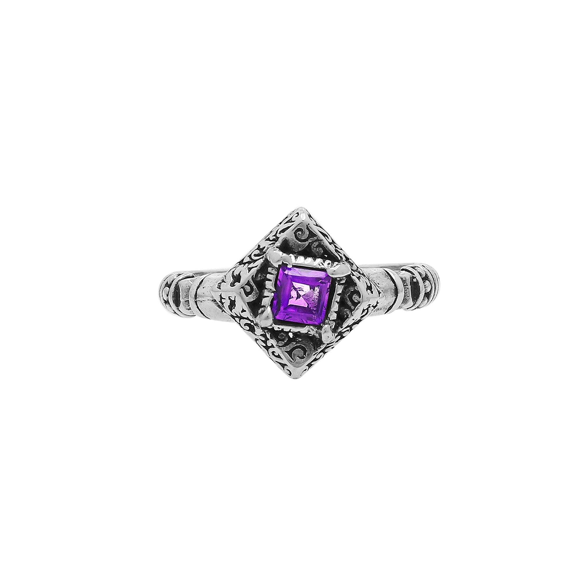 Elegant Sterling Silver Diamond Shape Amethyst Quartz Ring With Balinese Design