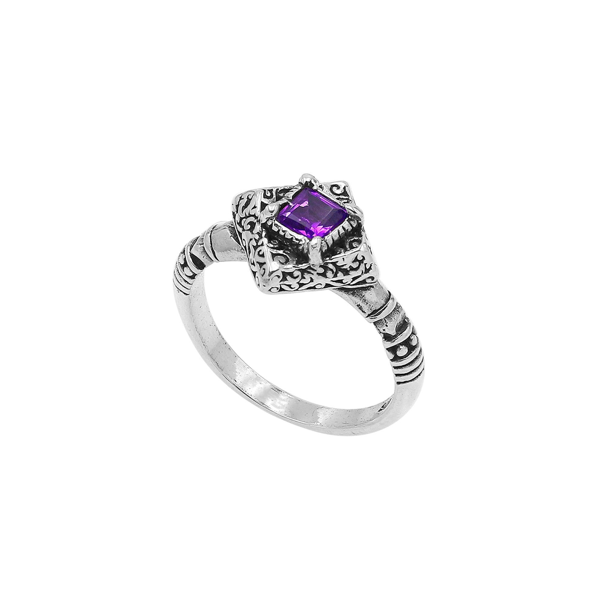 Elegant Sterling Silver Diamond Shape Amethyst Quartz Ring With Balinese Design