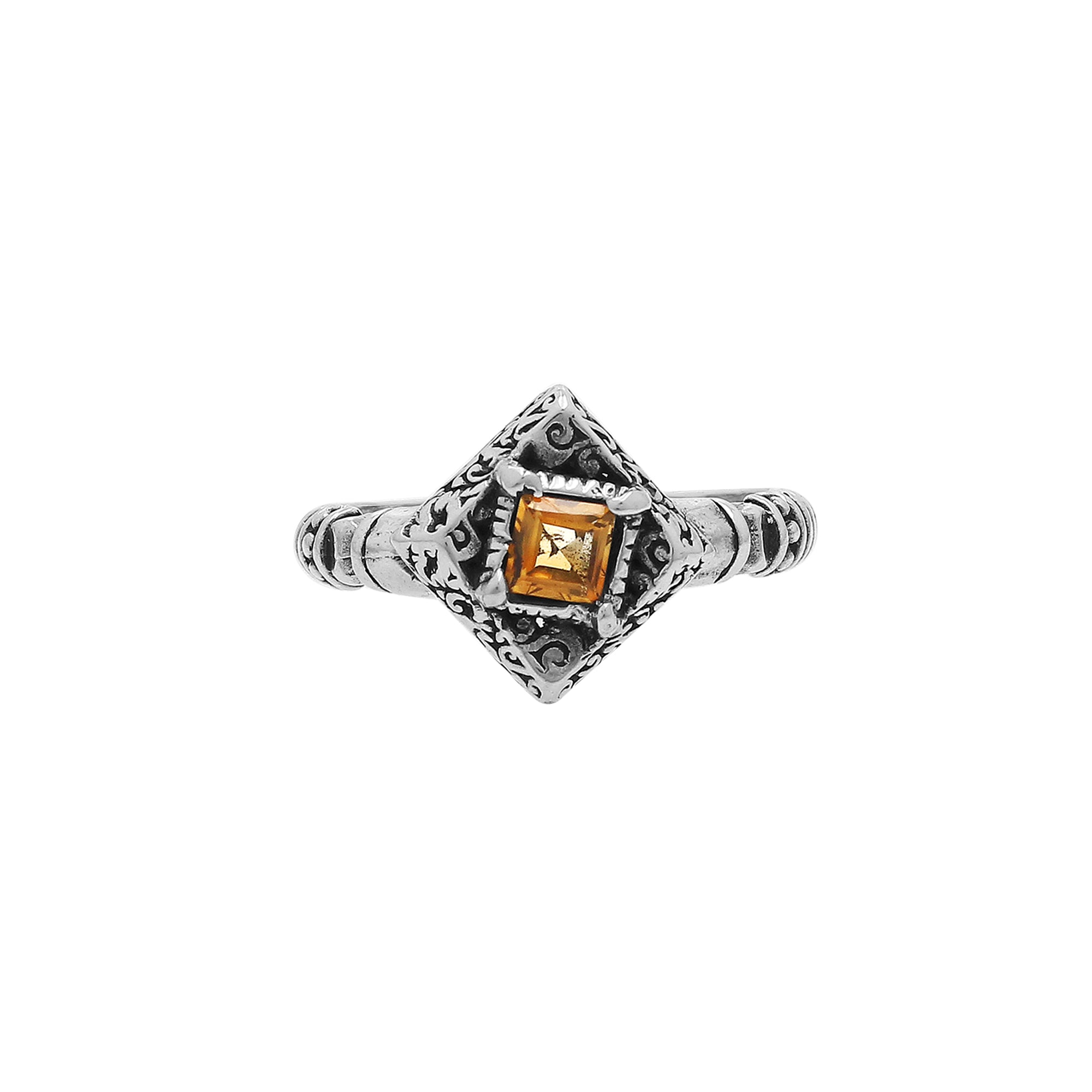Elegant Sterling Silver Diamond Shape Citrine Quartz Ring With Balinese Design