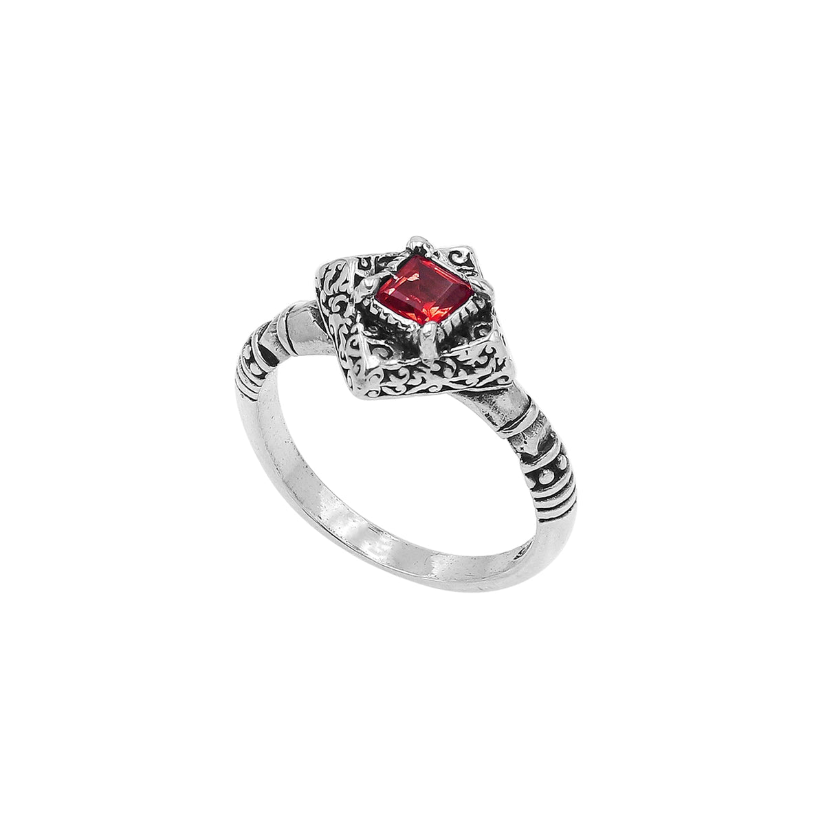 Elegant Sterling Silver Diamond Shape Garnet Quartz Ring With Balinese Design