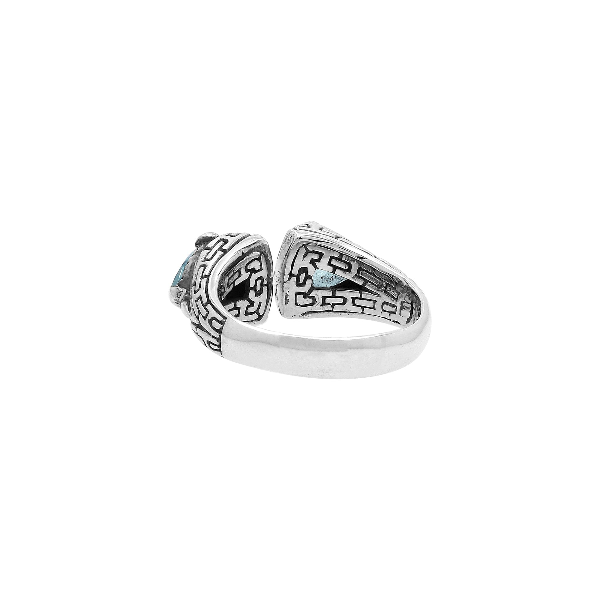 Elegant Sterling Silver Open Blue Topaz Quartz Ring With Balinese Design