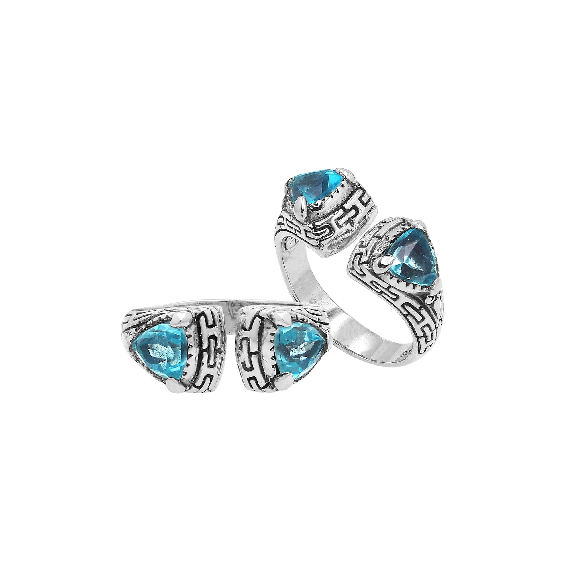 Elegant Sterling Silver Open Blue Topaz Quartz Ring With Balinese Design
