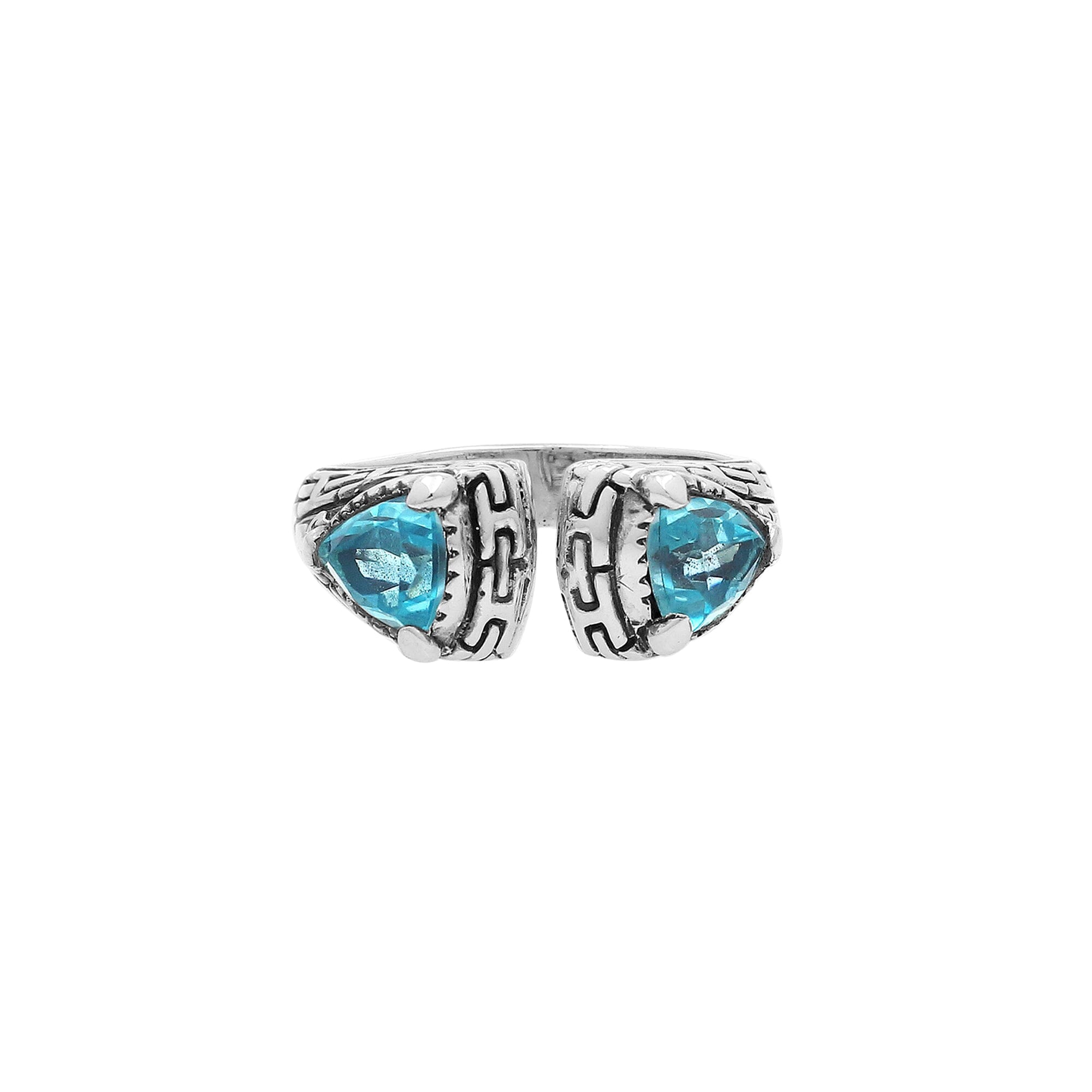 Elegant Sterling Silver Open Blue Topaz Quartz Ring With Balinese Design