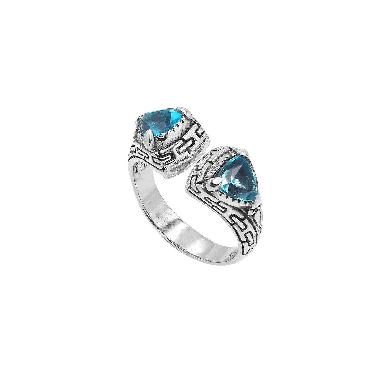Elegant Sterling Silver Open Blue Topaz Quartz Ring With Balinese Design