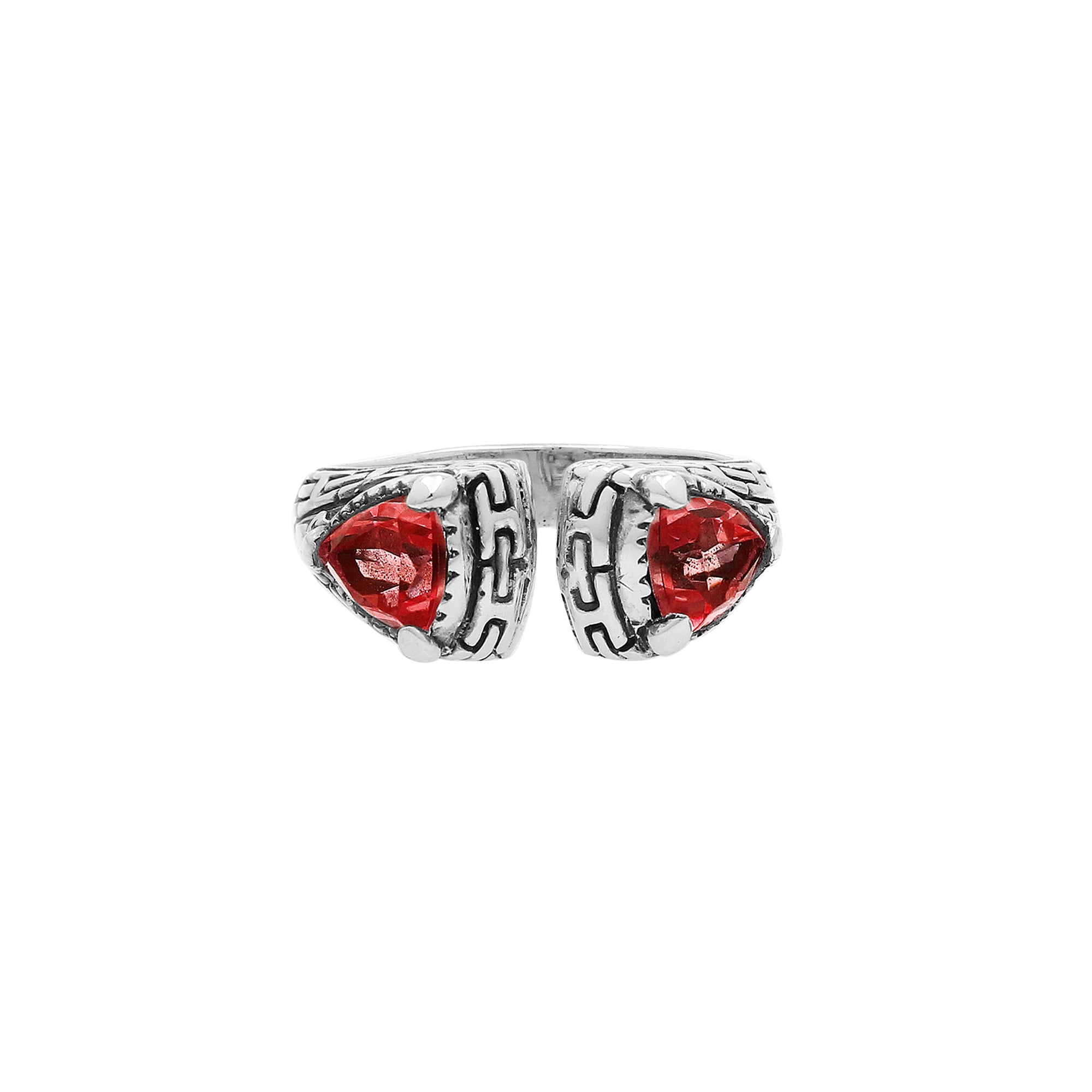 Elegant Sterling Silver Open Garnet Quartz Ring With Balinese Design