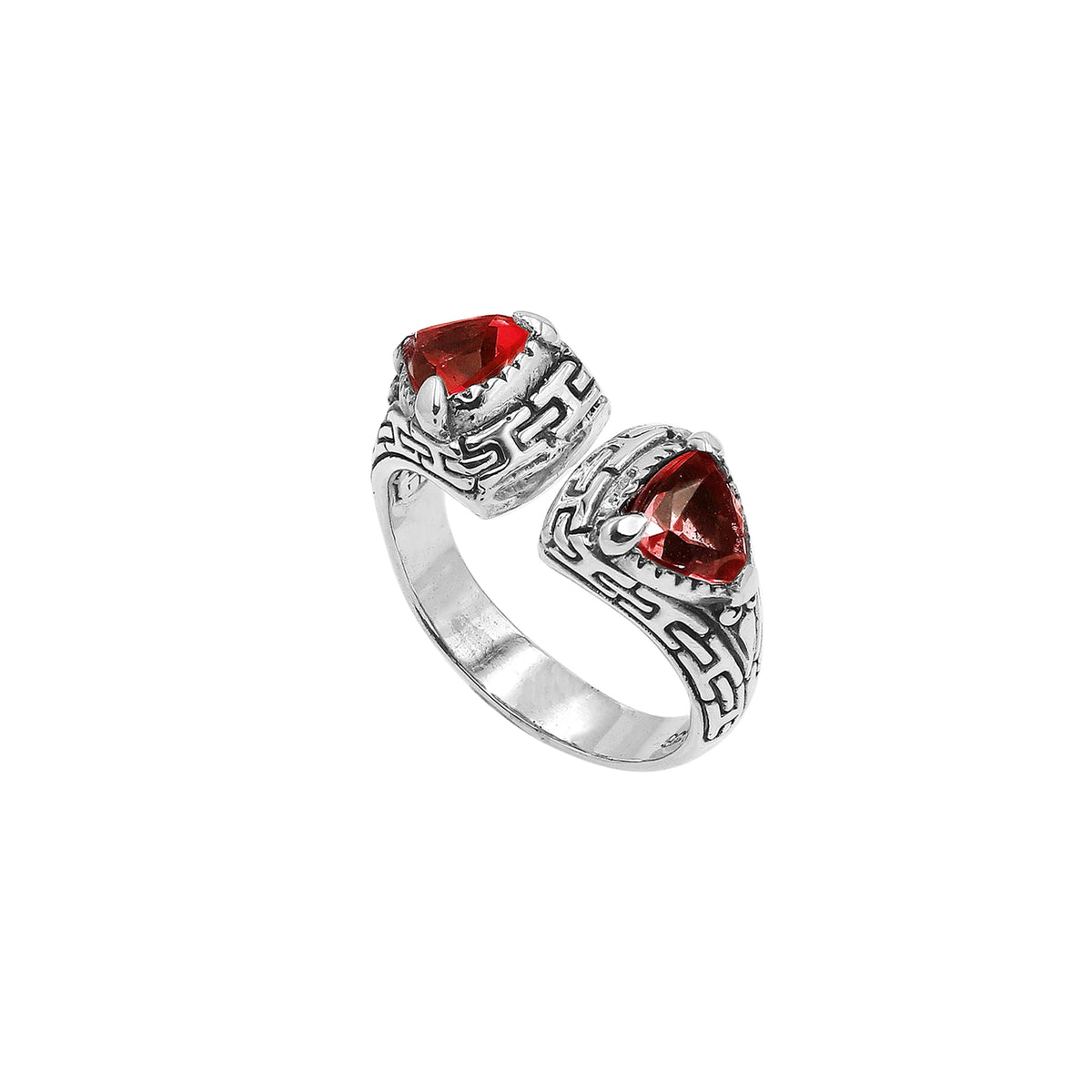 Elegant Sterling Silver Open Garnet Quartz Ring With Balinese Design