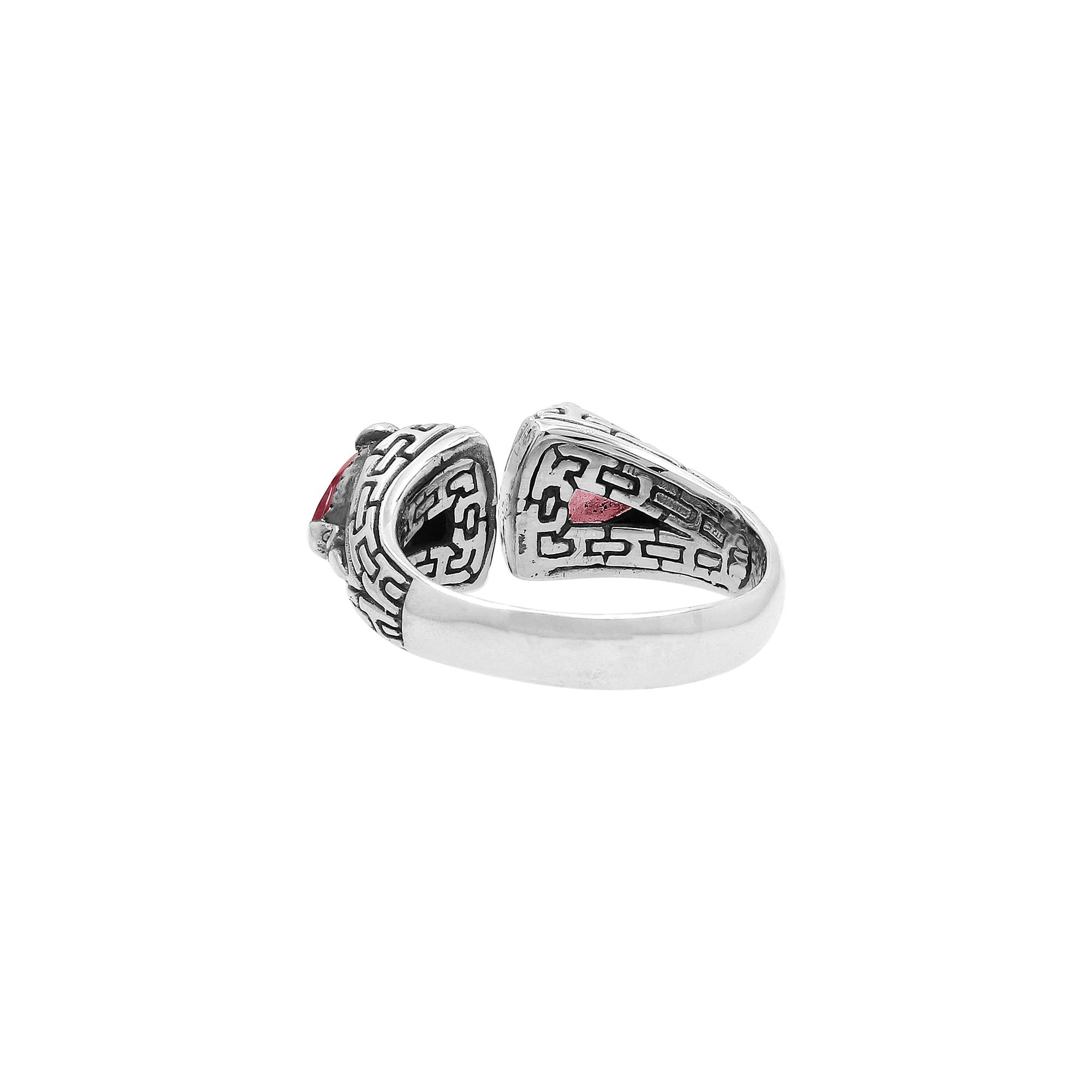 Elegant Sterling Silver Open Garnet Quartz Ring With Balinese Design
