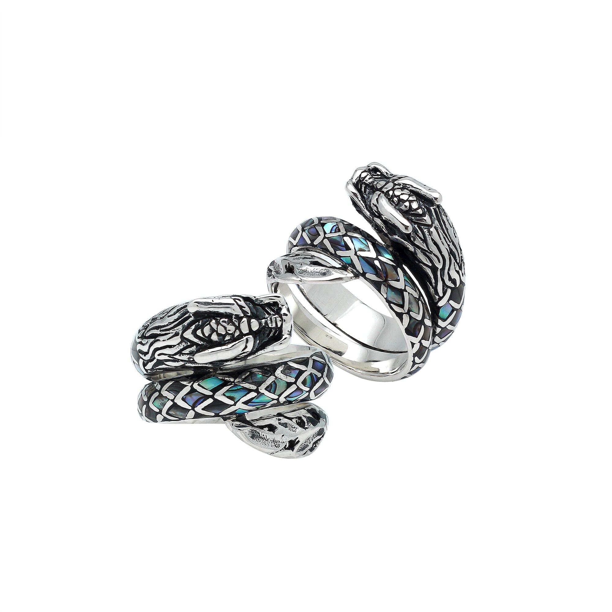Balinese Sterling Silver Dragon Ring With Abalone Shell Inlay And Oxidized Detailing