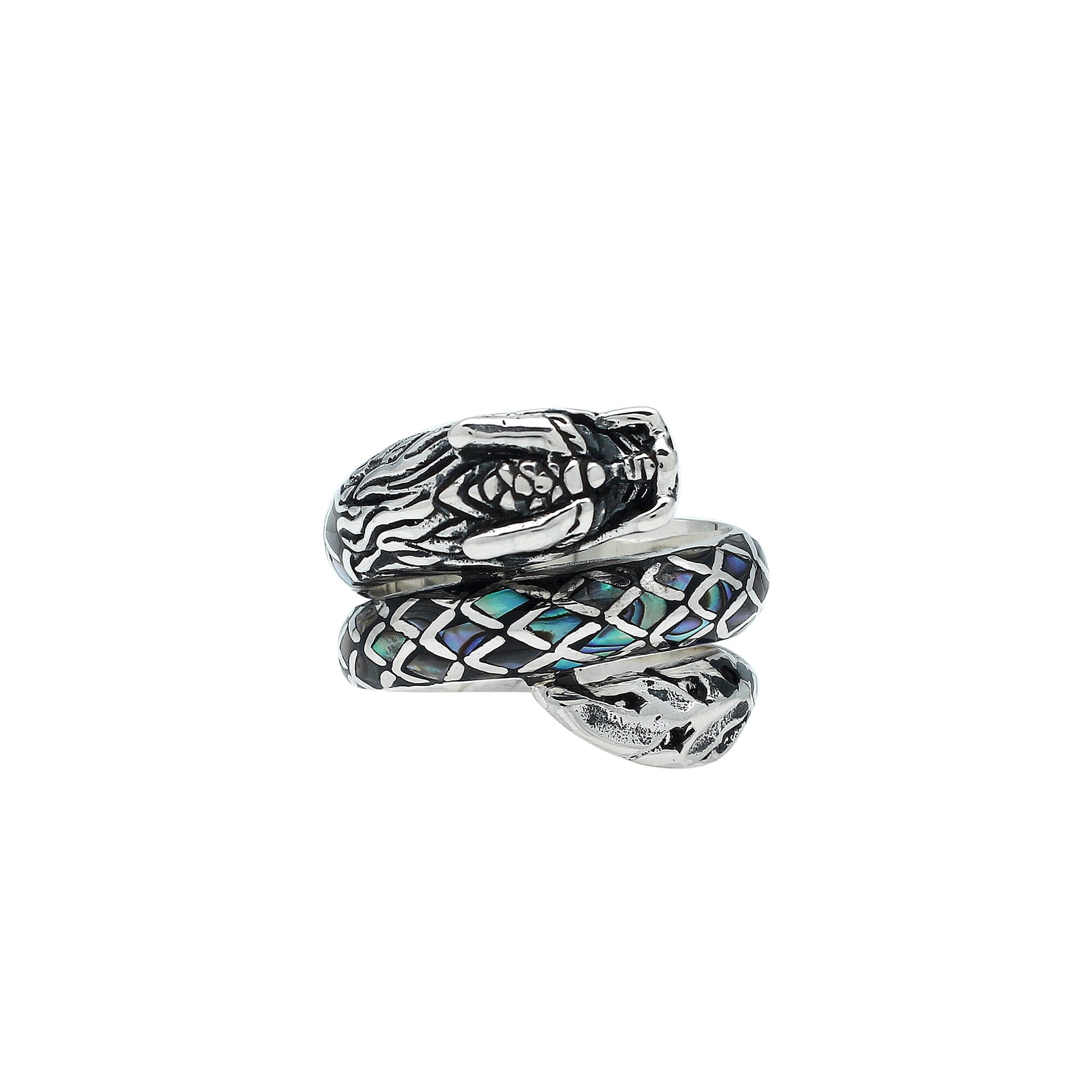 Balinese Sterling Silver Dragon Ring With Abalone Shell Inlay And Oxidized Detailing