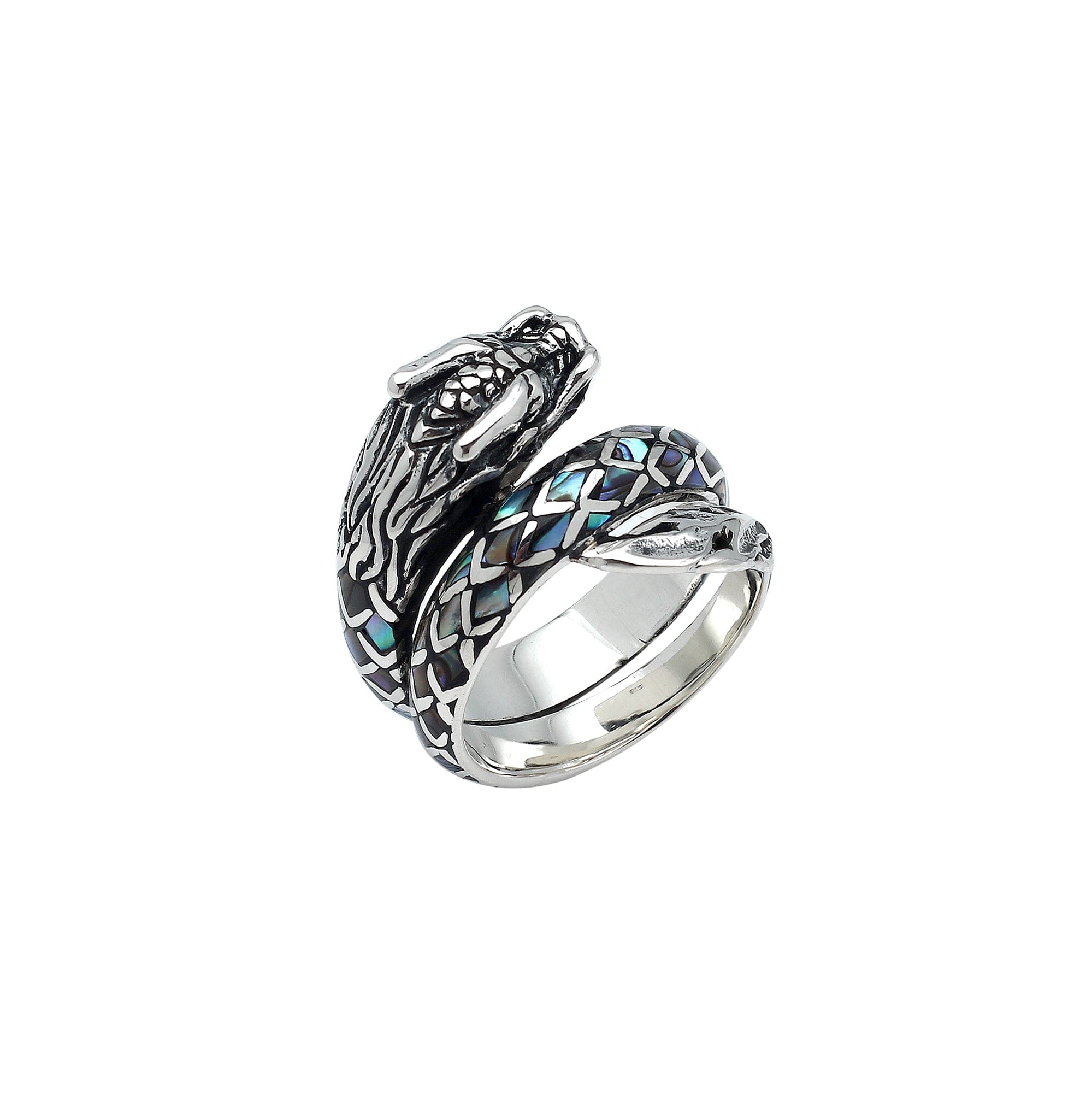 Balinese Sterling Silver Dragon Ring With Abalone Shell Inlay And Oxidized Detailing